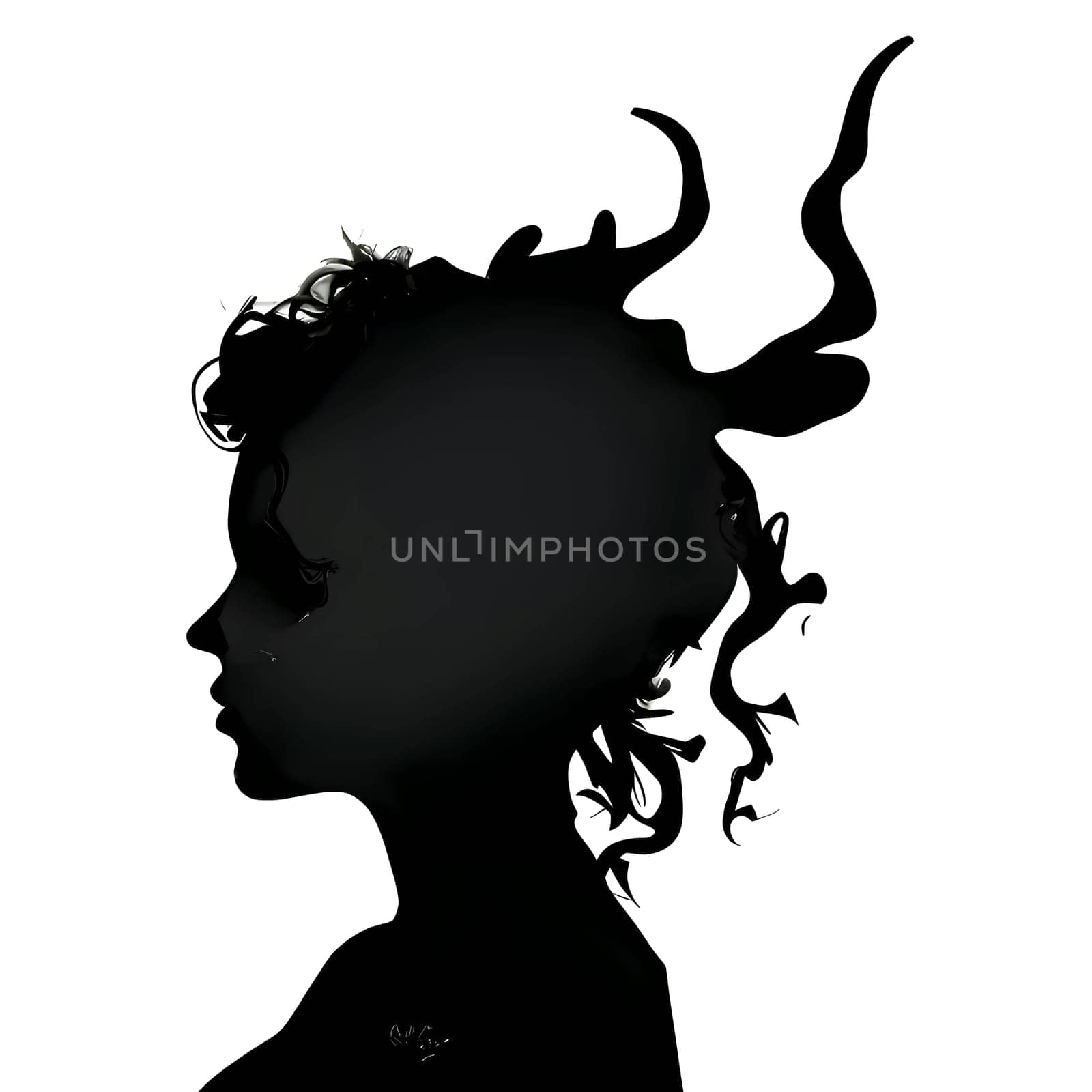 Vector illustration of a women with long hair in black silhouette against a clean white background, capturing graceful forms.