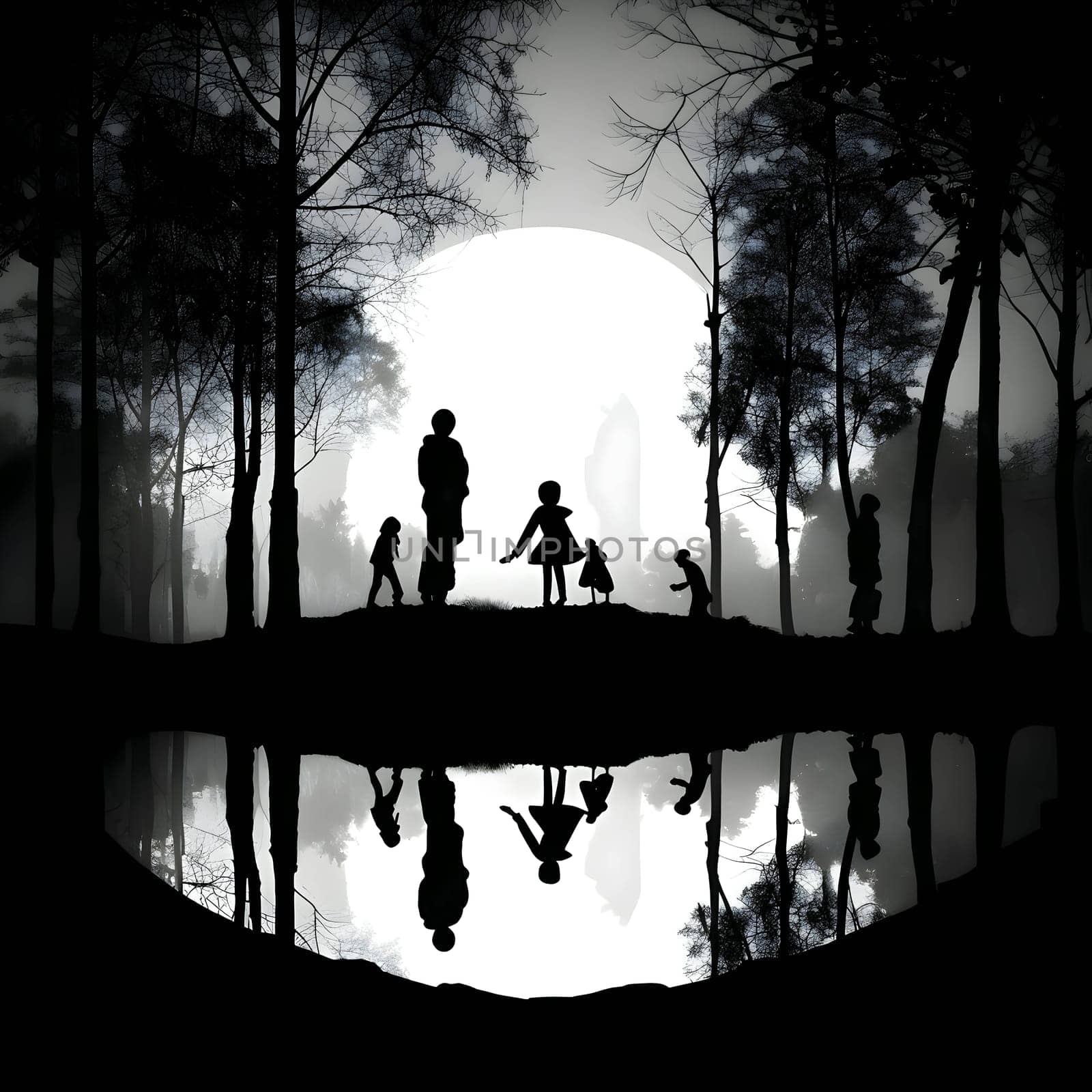 Vector illustration of a family in forest in black silhouette against a clean white background, capturing graceful forms.