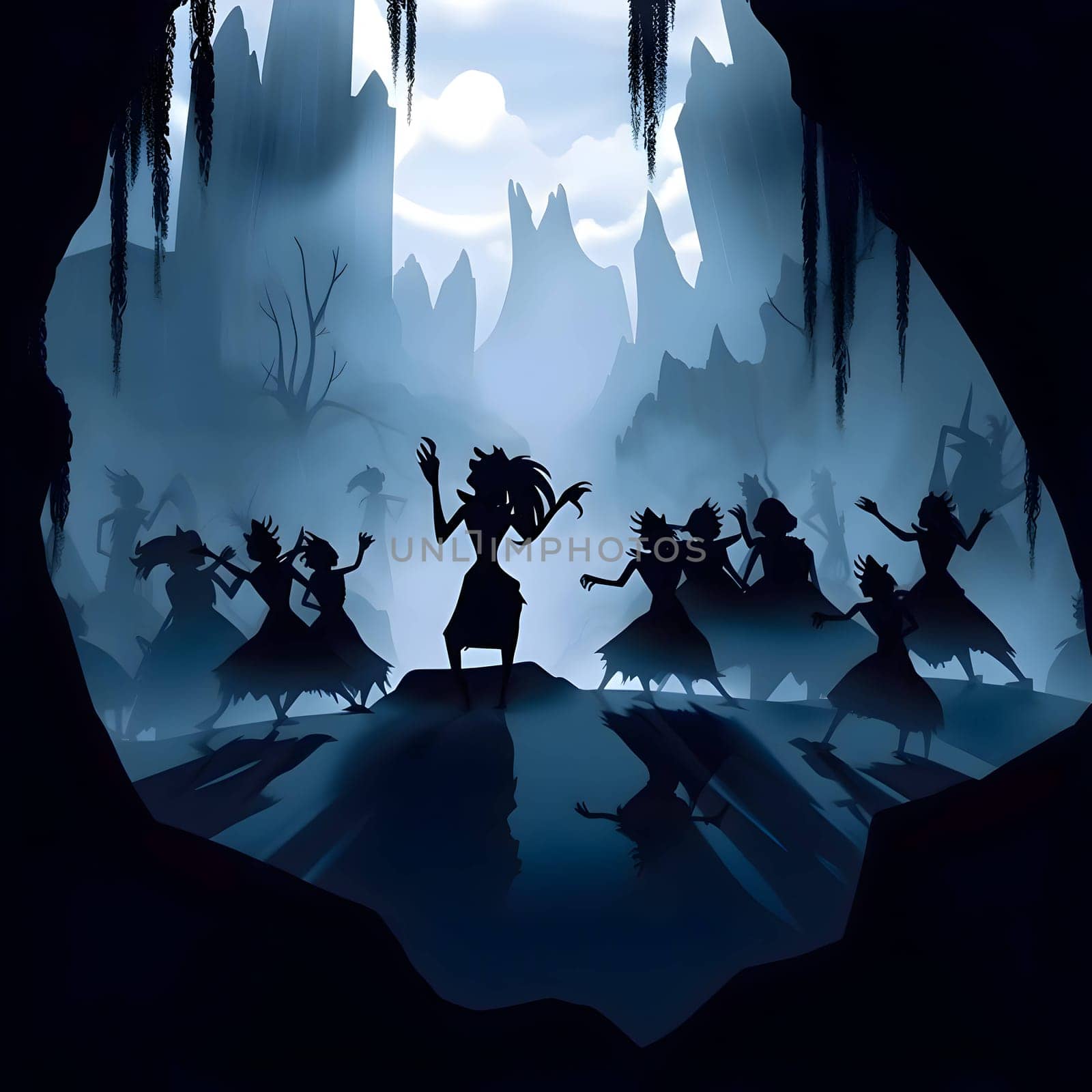 Vector illustration of shamans in black silhouette against a clean dark background, capturing graceful forms.