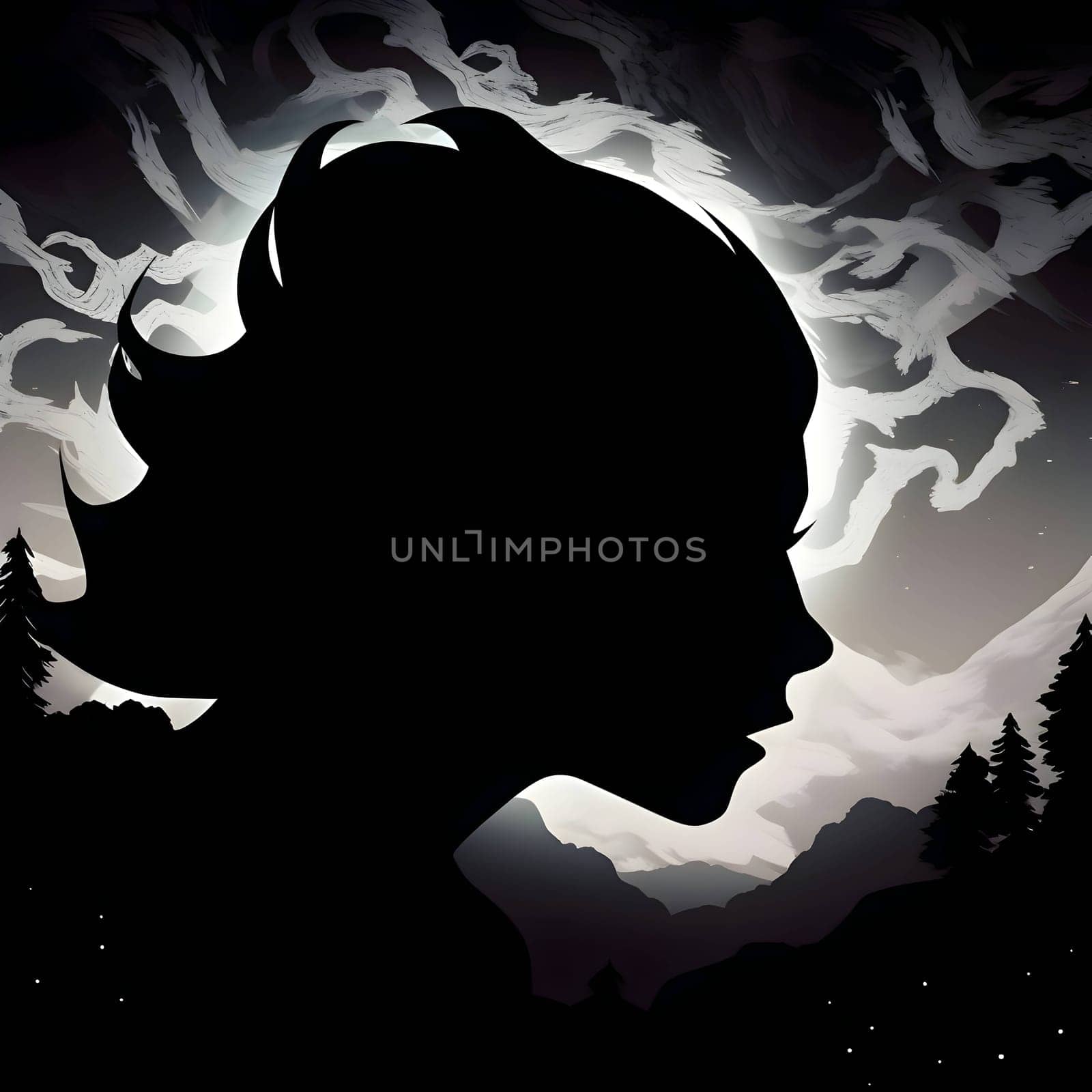 Vector illustration of a women's heads in black silhouette against a clean dark background, capturing graceful forms.