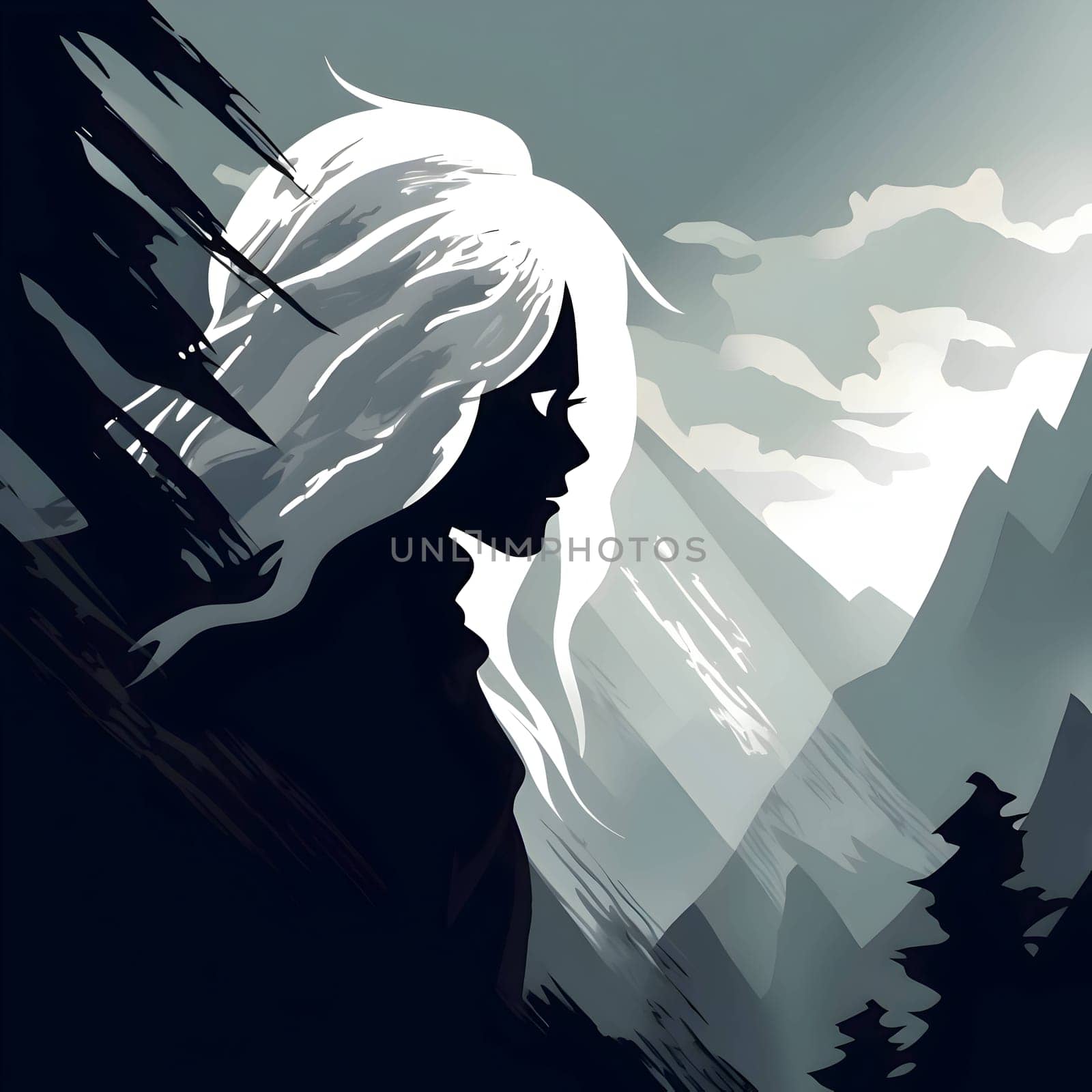 Vector illustration of a girl in black silhouette against a clean mountains background, capturing graceful forms.