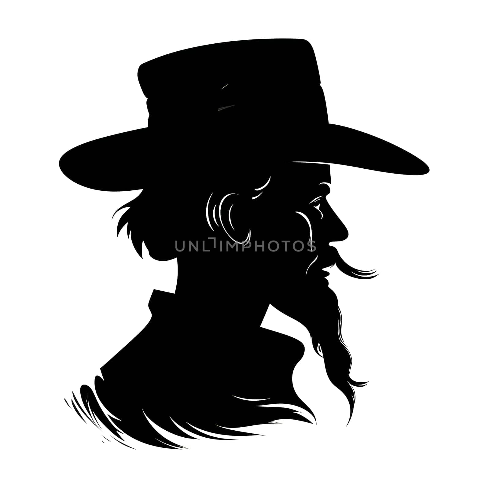 Vector illustration of a man with a beard and moustache wearing a hat in black silhouette against a clean white background, capturing graceful forms.