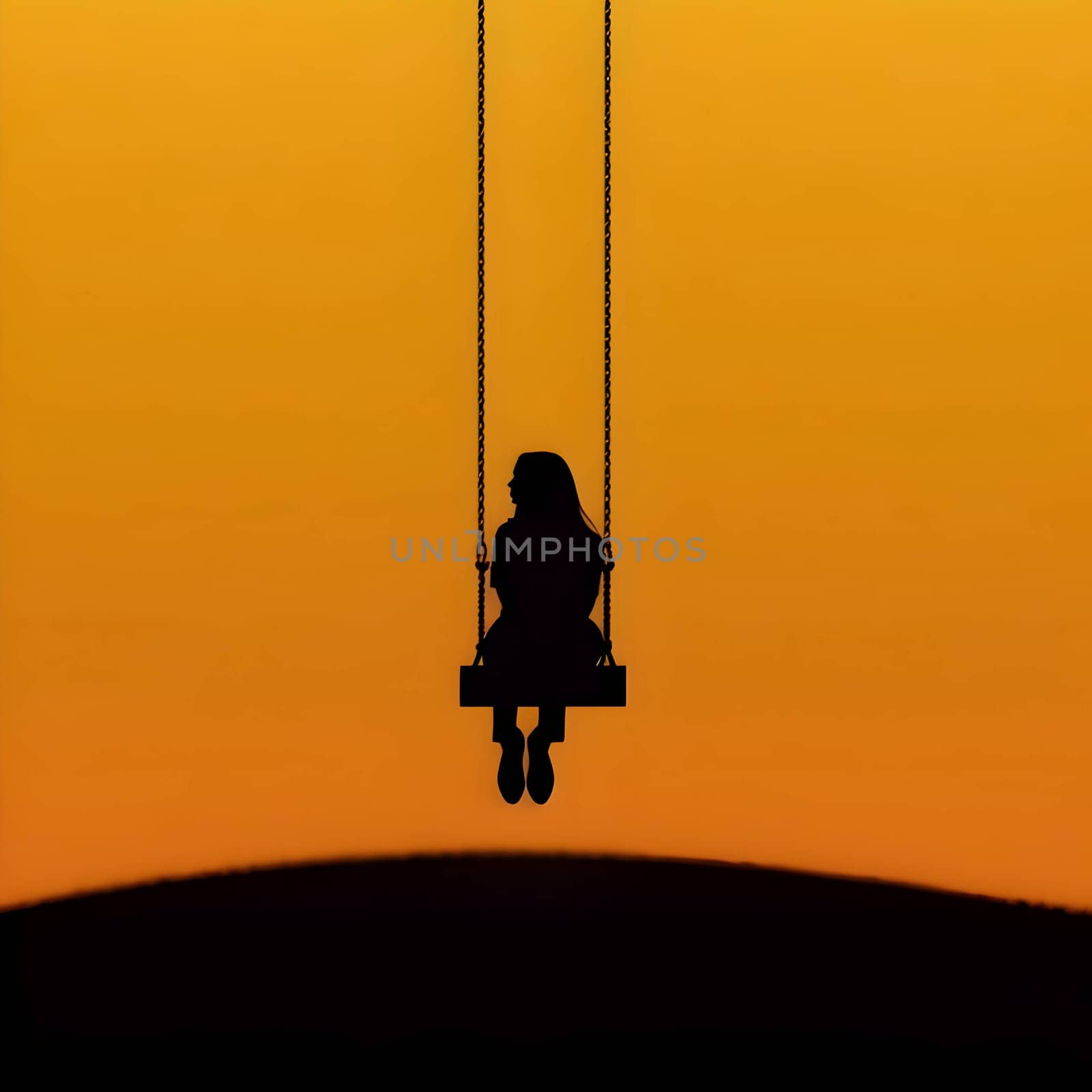 Vector illustration of a girl on a swing in black silhouette against a clean orange background, capturing graceful forms.