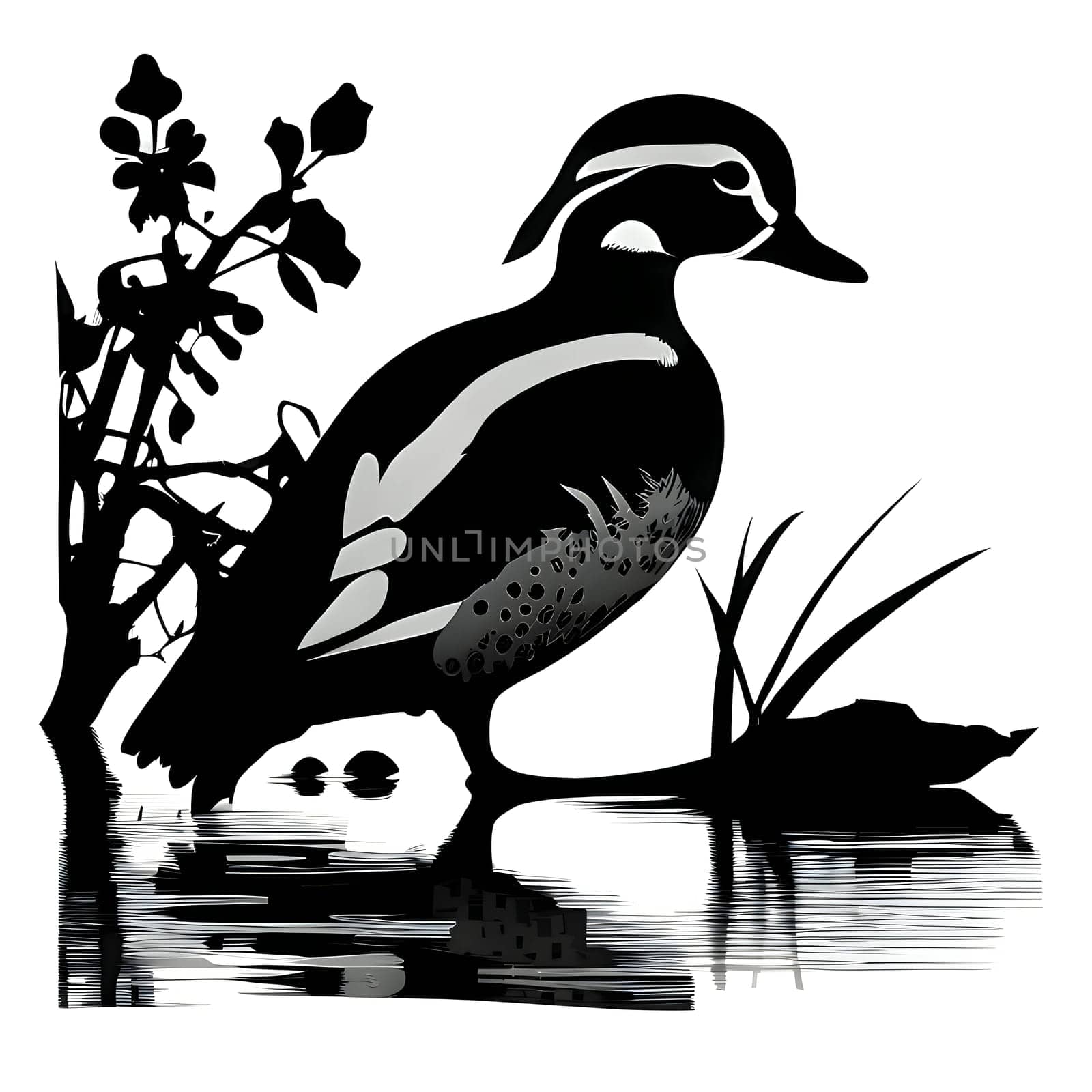 Vector illustration of a duck in black silhouette against a clean white background, capturing graceful forms.