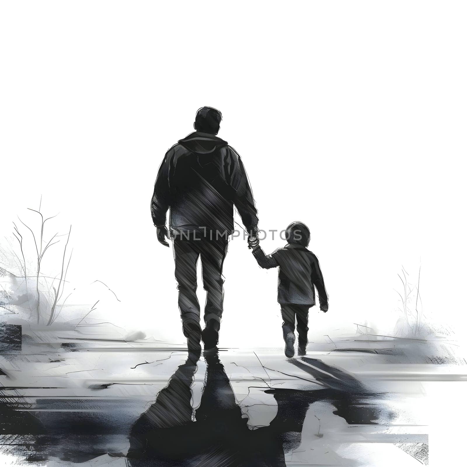 Vector illustration of father with son in black silhouette against a clean white background, capturing graceful forms.