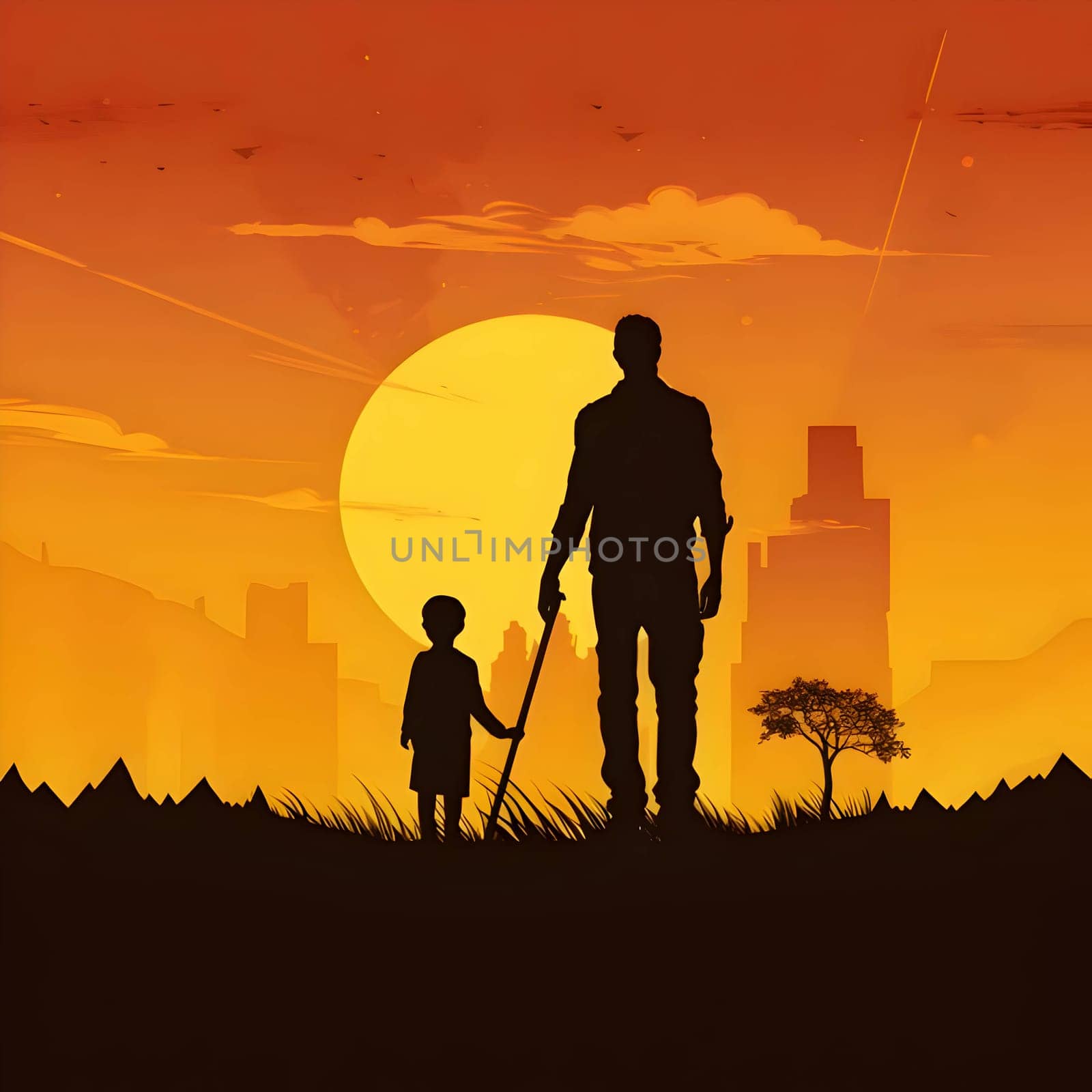Vector illustration of man and boy in black silhouette against a clean sunset background, capturing graceful forms.