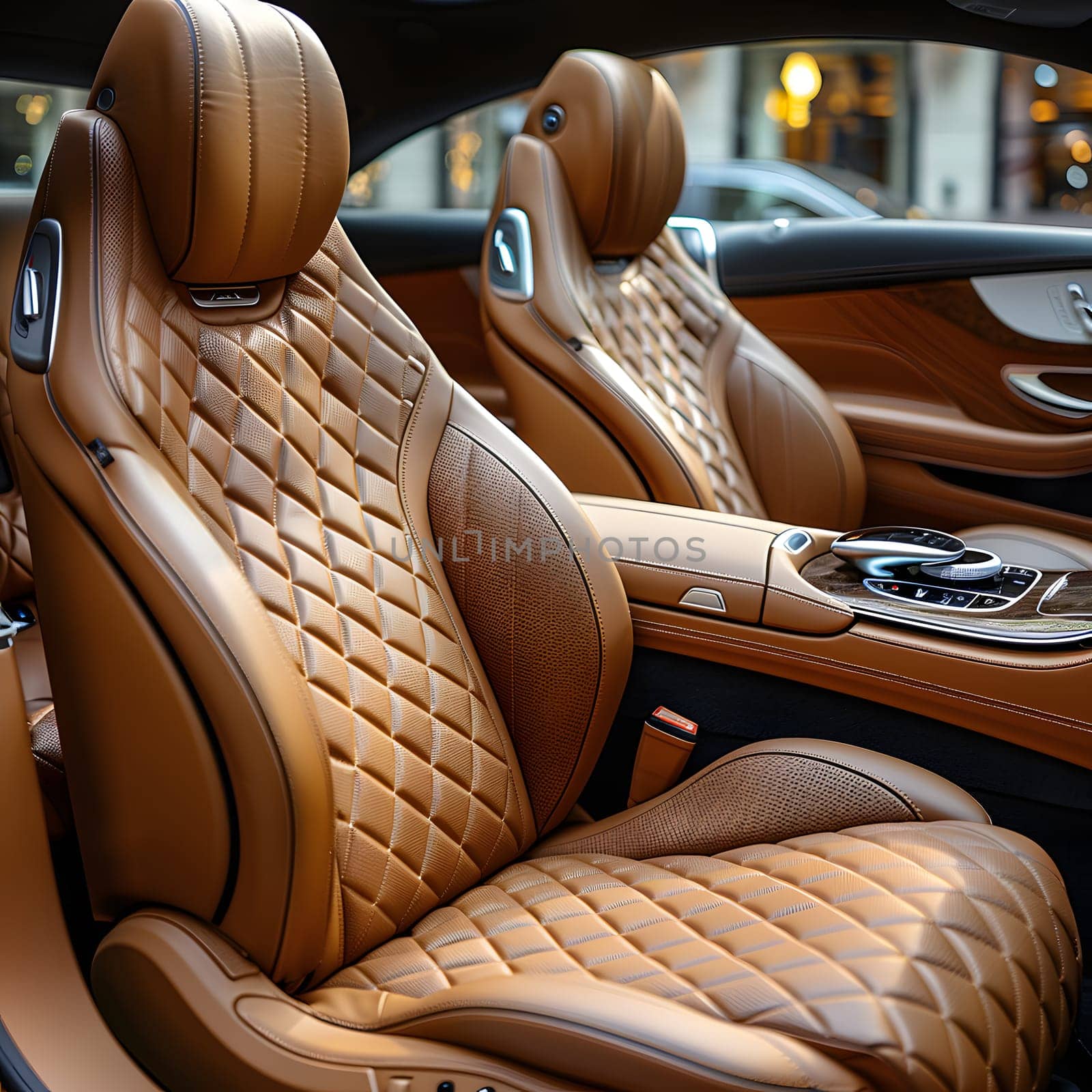 Motor vehicle with brown leather seats, wood accents, and classic design by Nadtochiy