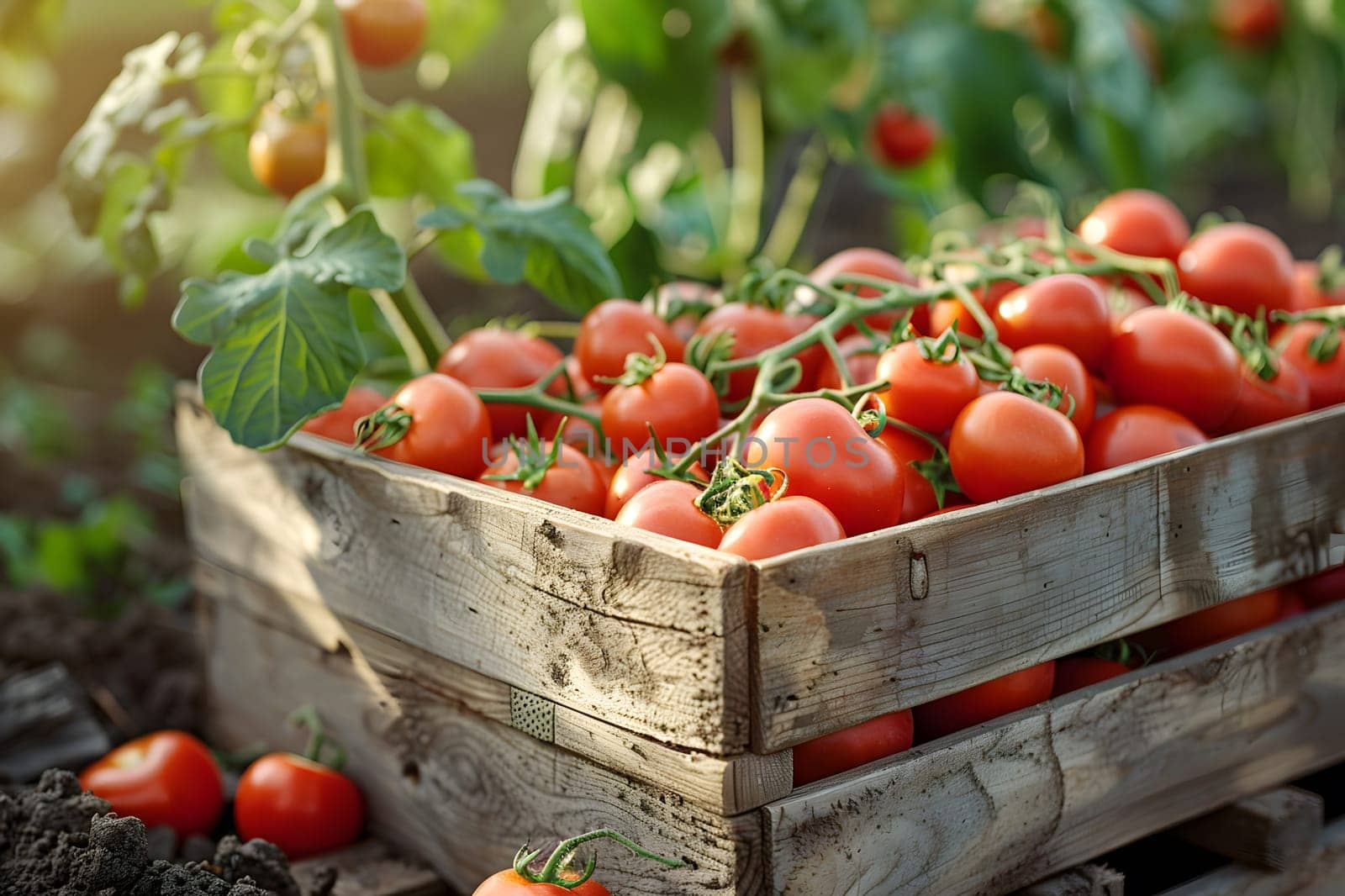 A wooden crate filled with cherry tomatoes, a popular ingredient in a variety of dishes, sits in a garden as natural foods grown on bush tomato plants