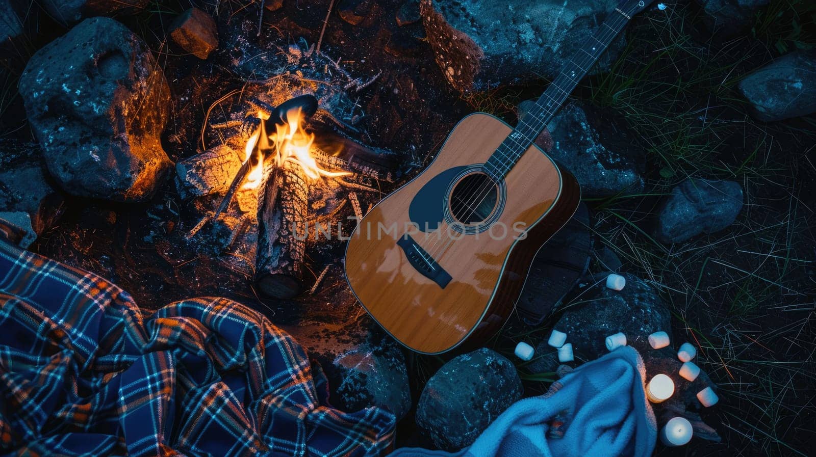 A Tartan guitar lies beside a blazing campfire, adding a touch of plaid pattern to the rustic setting. The warm glow of the fire creates a cozy atmosphere for recreational musicmaking AIG50