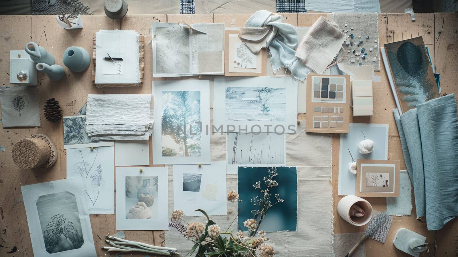 A fusion of pictures and fabrics on a wall creates a stunning collage of art. Electric blue petals, flowers, and paper products add a unique touch to the facade AIG50