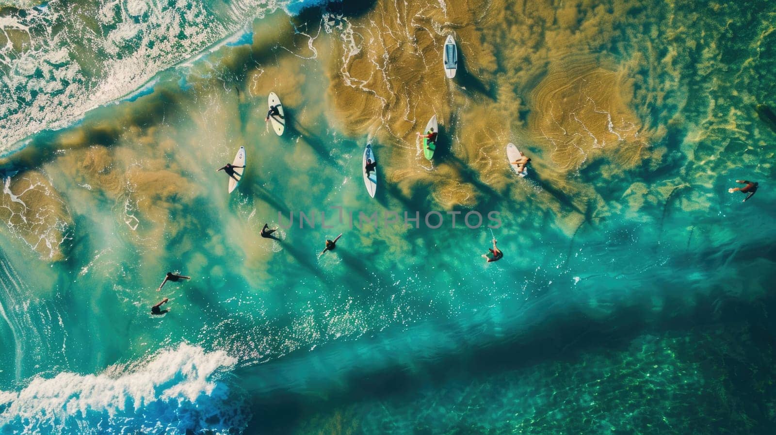 A group of surfers are riding wind waves on the electric blue water, enjoying a recreational event in the ocean. The marine biology and patterns underwater add to the beauty of the scene AIG50