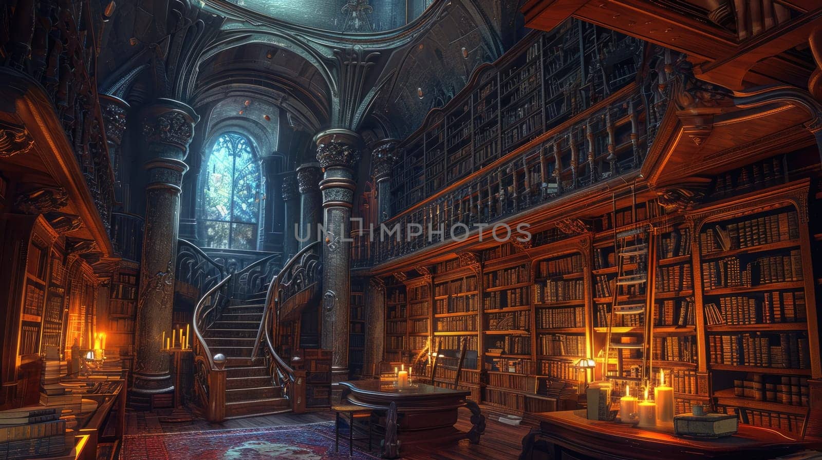 An ancient library with towering bookshelves, hidden alcoves, and magical glowing manuscripts. Resplendent.