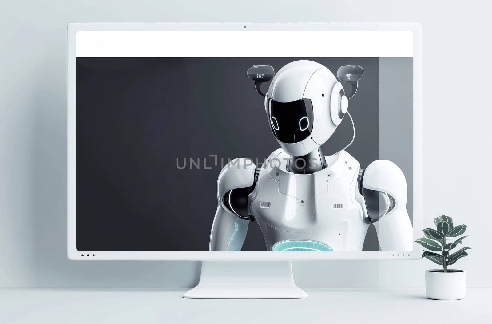 UX UI Web-Design Banner with Black Cyber Robot Portrait on Dark Background with Place For Text.