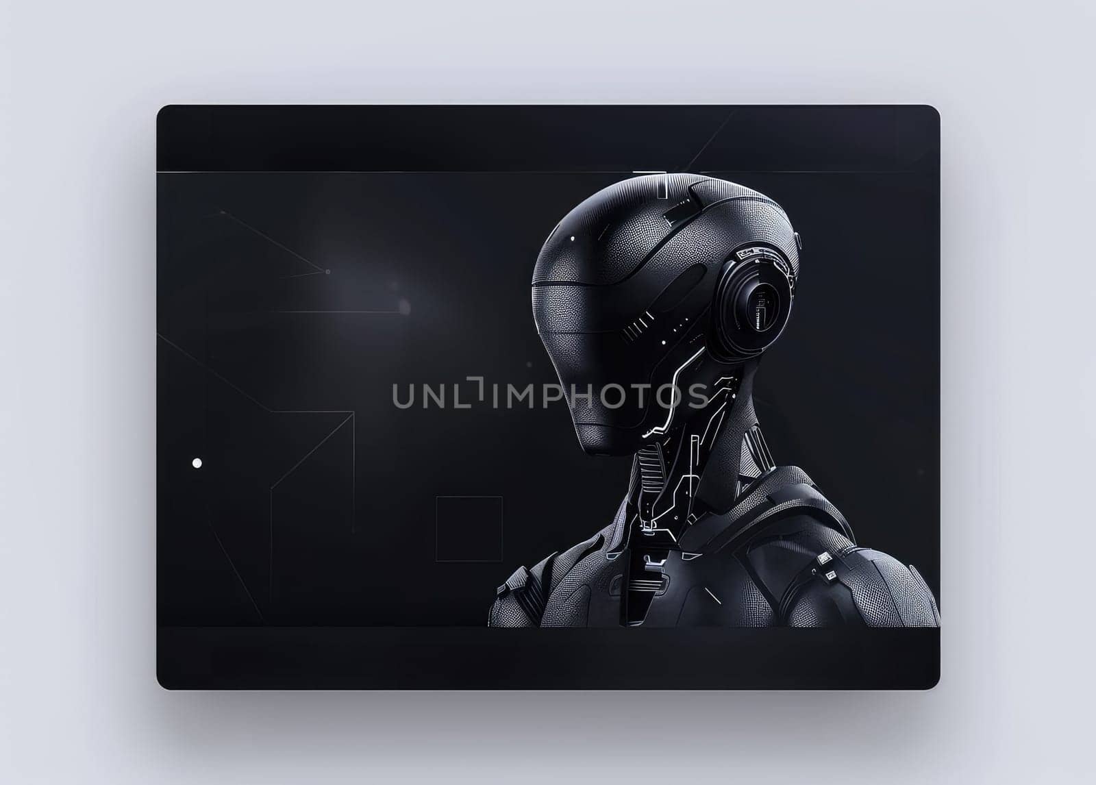 UX UI Web-Design Banner with Black Cyber Robot Portrait on Dark Background with Place For Text.