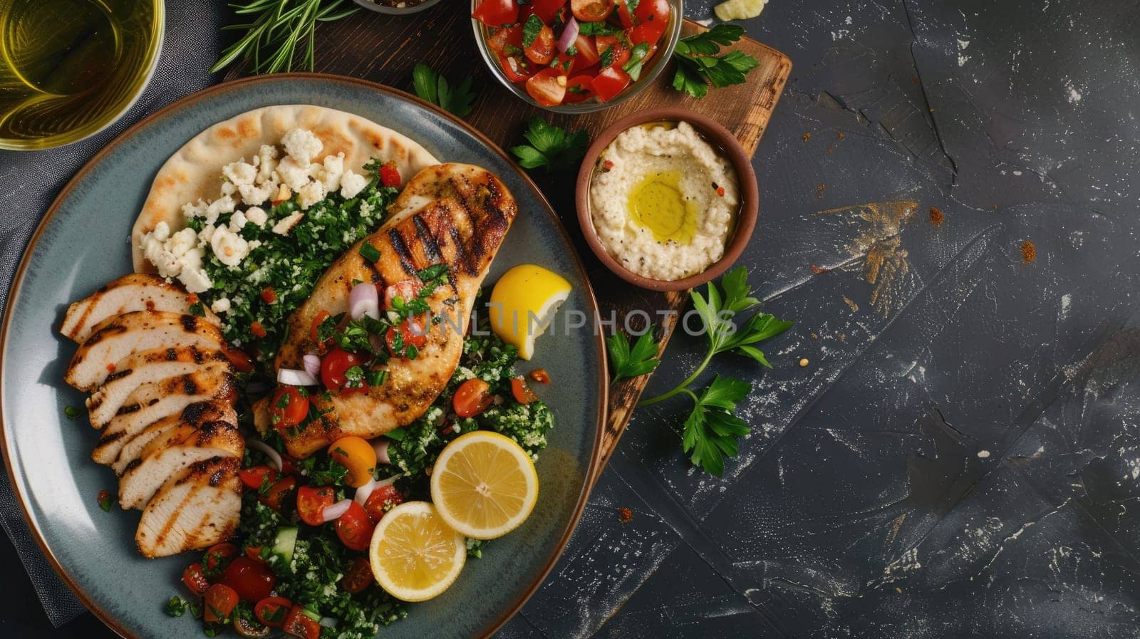 The table is filled with a variety of foods, from staple ingredients to leaf vegetables. Dishes from various cuisines are served on plates alongside fresh produce and tableware AIG50