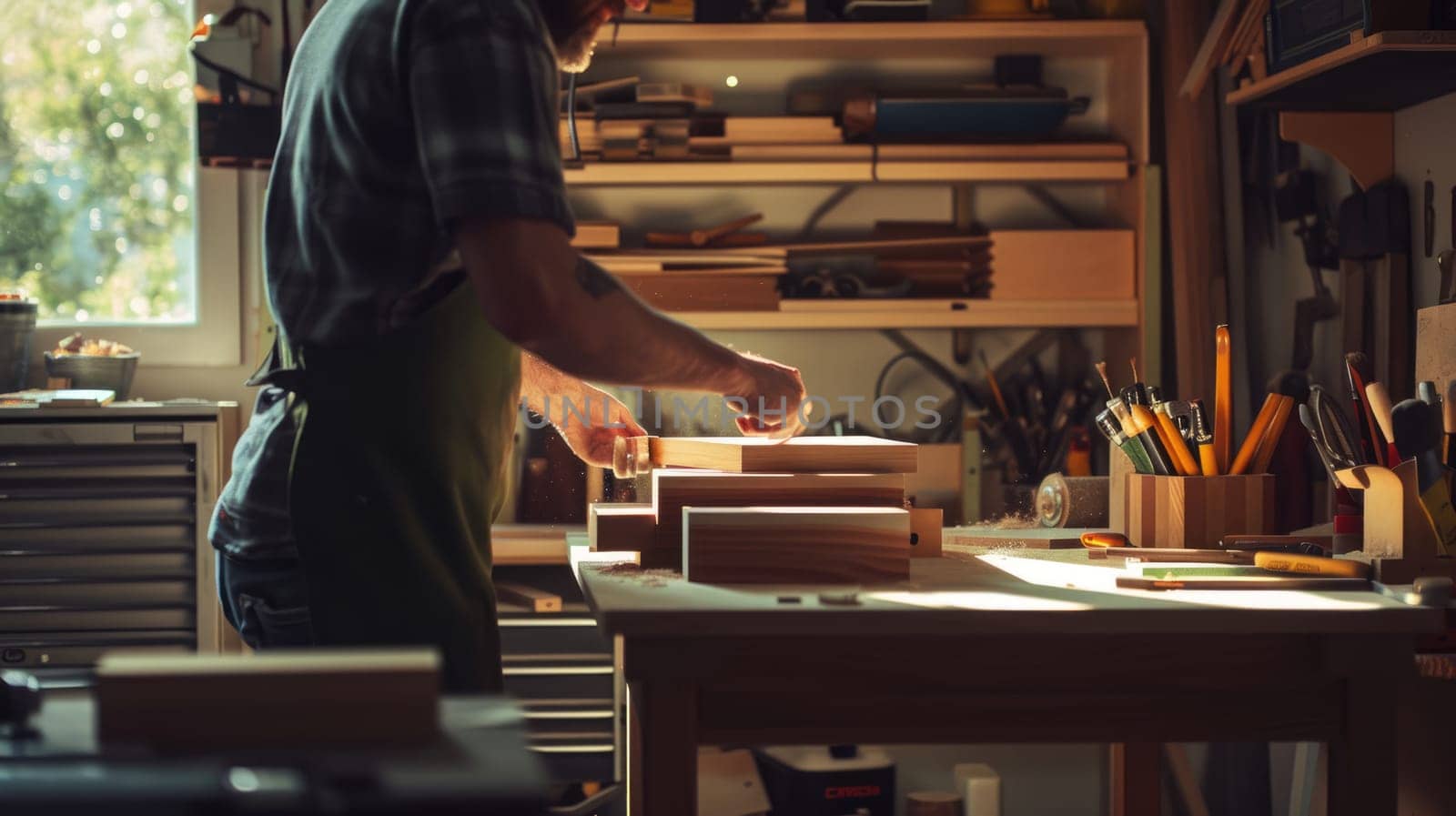 An experienced artisan carefully shapes wooden elements, demonstrating the art of fine woodworking in his cluttered workshop. AIG41