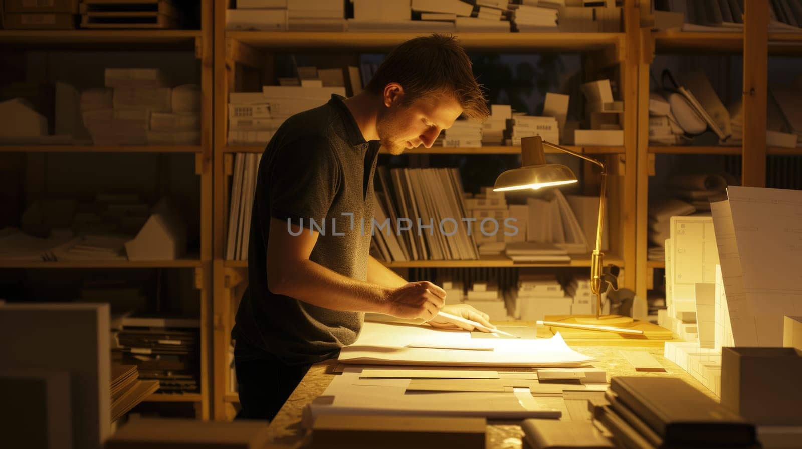 An architect works attentively on architectural drawings late at night in a dimly lit office, surrounded by models and blueprints. AIG41