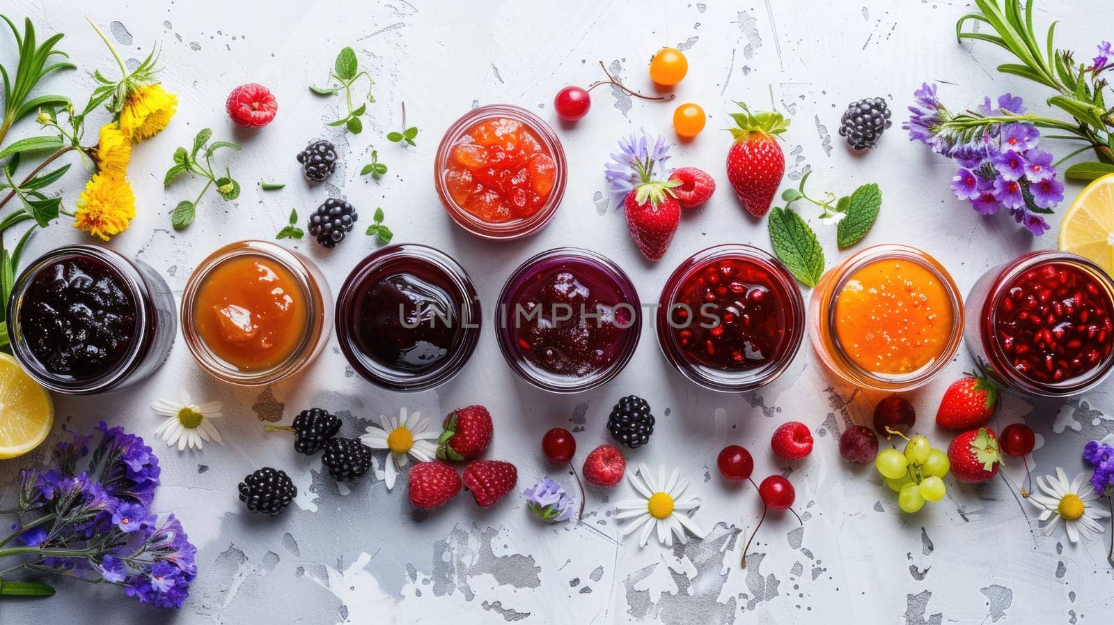 The table is adorned with a variety of colorful fruits and flowers, creating an artistic display of vibrant shades and sweet aromas AIG50