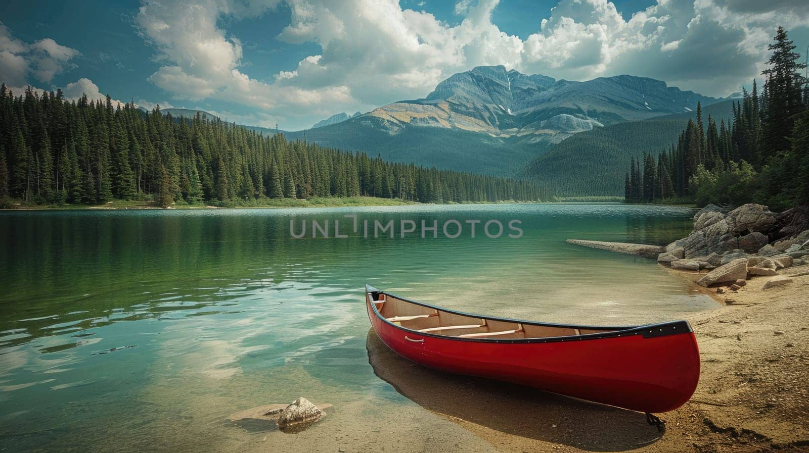 A red canoe is docked on the shore of a picturesque lake with majestic mountains towering in the background, surrounded by a serene natural landscape under a cloudy sky AIG50