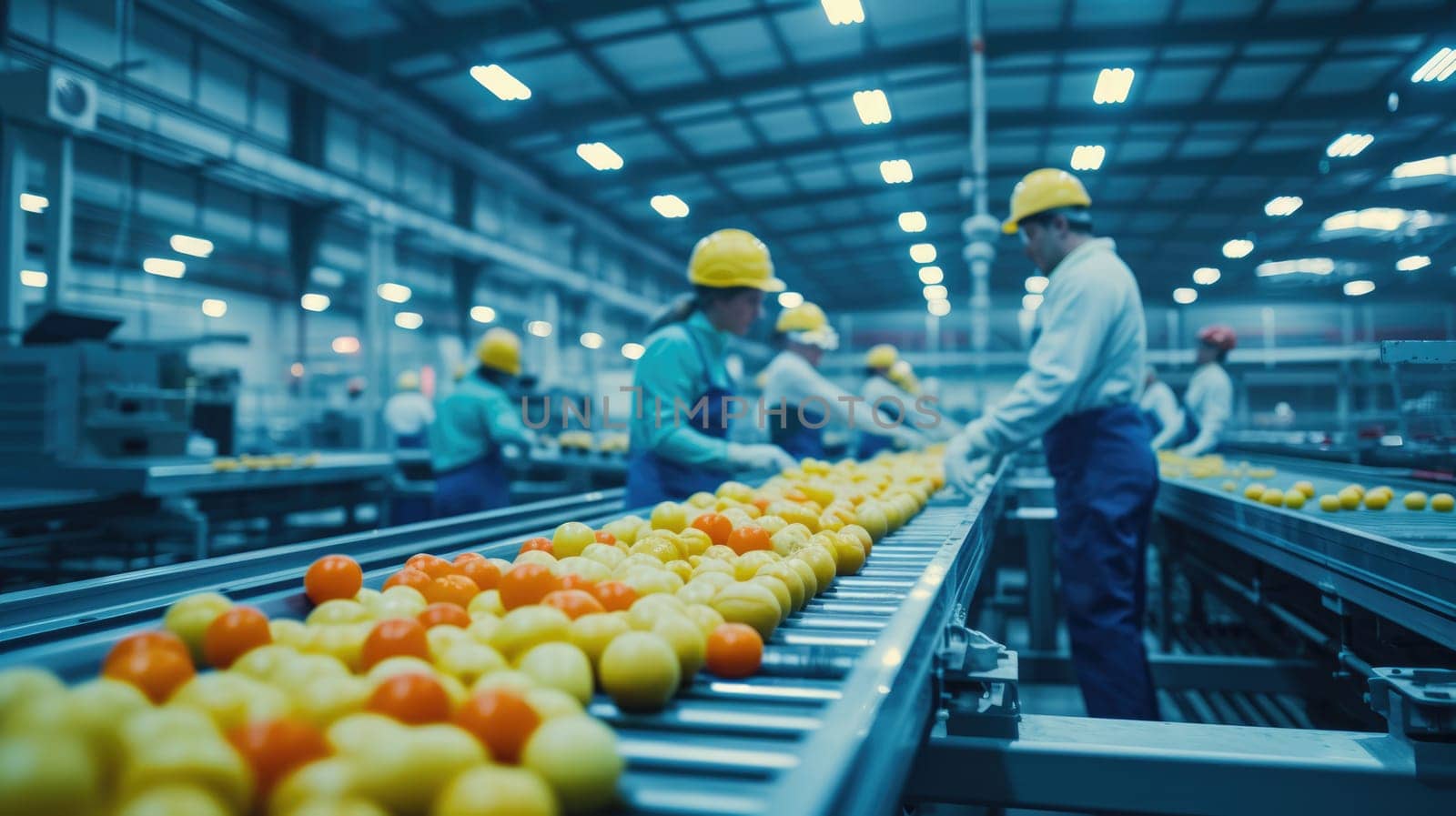 A group of men are engaged in mass production on a conveyor belt in a factory, utilizing machines and engineering skills. AIG41