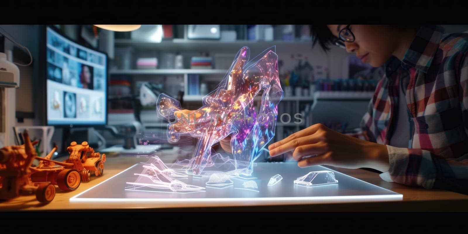 Professional digital engineer using Artificial intelligent and digital holographic to design product at modern studio. Attractive designer or inventor invent the creative innovation technology. AIG42.