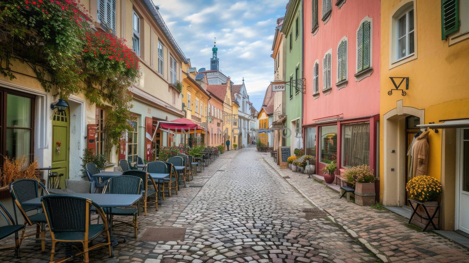 Quaint European street with colorful facades and cobblestones. A picturesque cobblestone street lined with colorful buildings and outdoor cafes in a quaint European town. Resplendent.