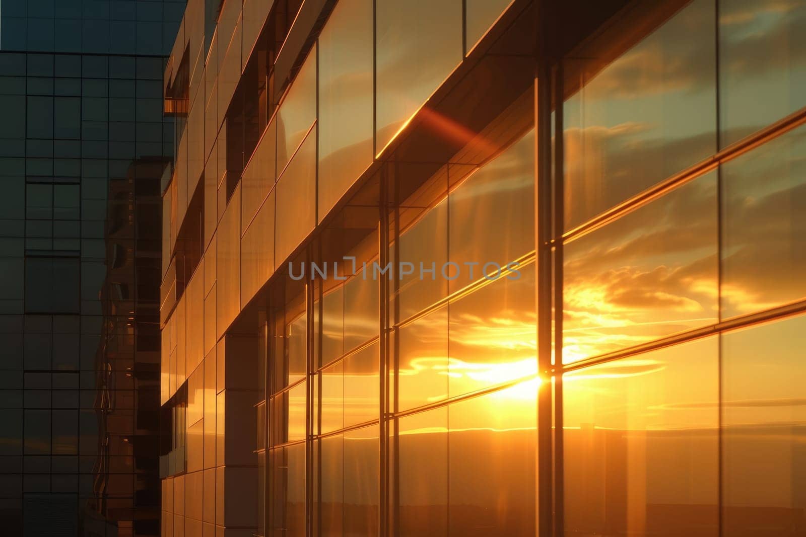 Modern office architectural building with glass window reflected with orange sunlight. Corporate building financial skyscraper office building construction with evening sky with orange sun ray. AIG42.