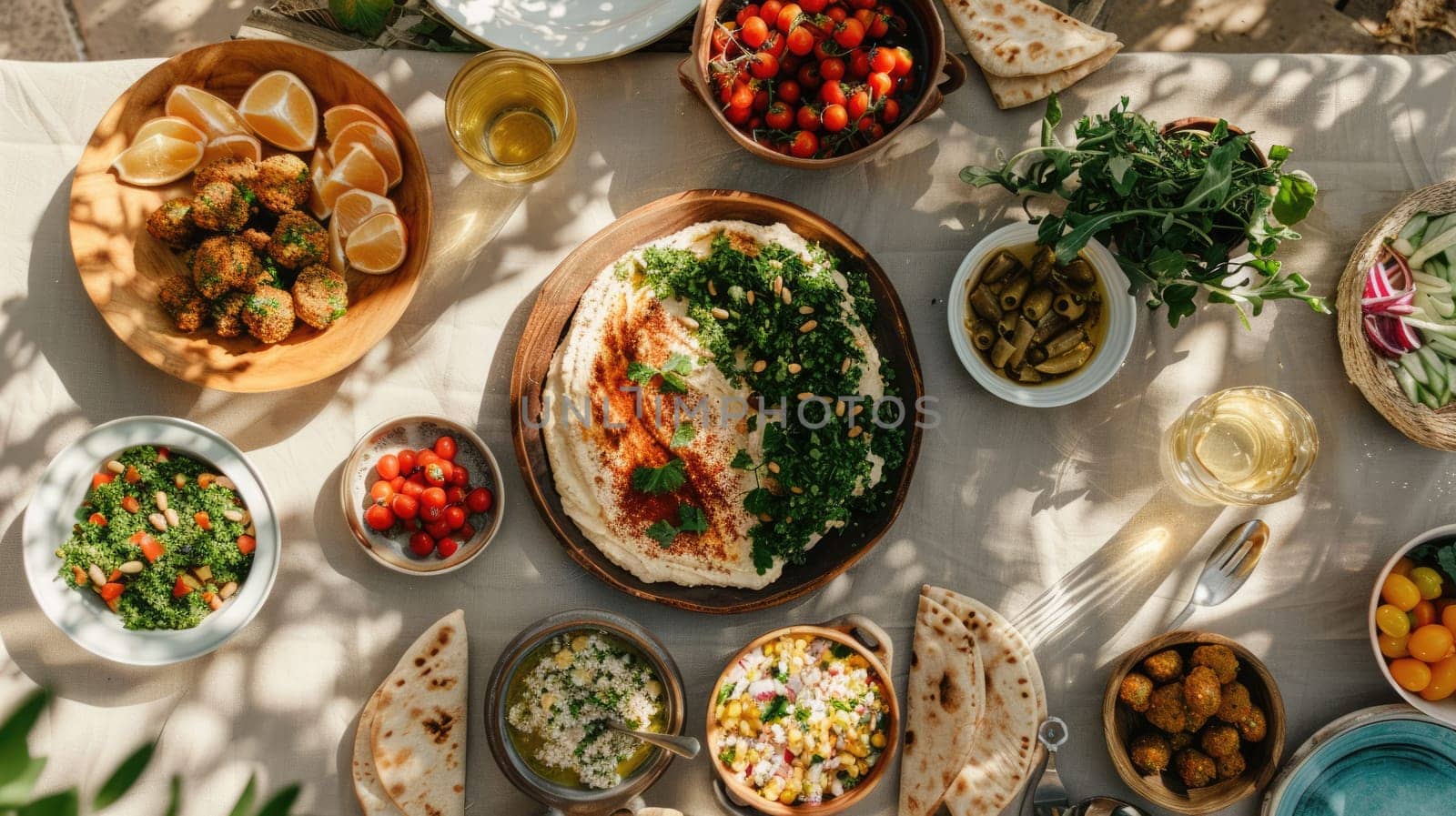 A variety of dishes showcasing different cuisines and ingredients are displayed on the table, highlighting the art of food preparation using natural foods and produce AIG50