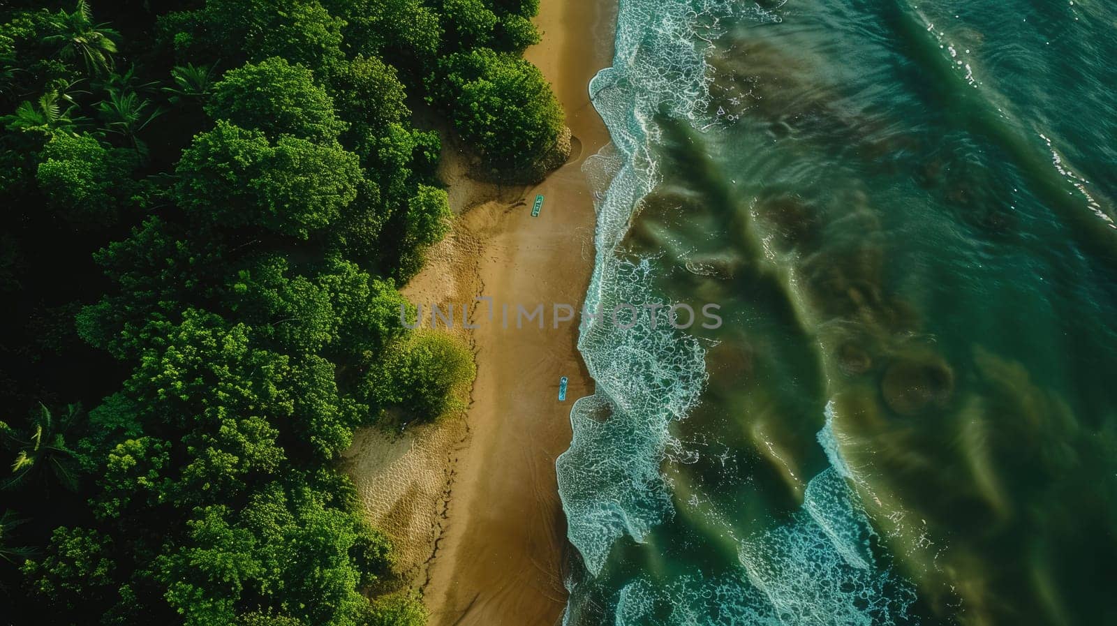 An aerial view of two individuals standing on the beach, overlooking the azure waters with surfboards in hand AIG50