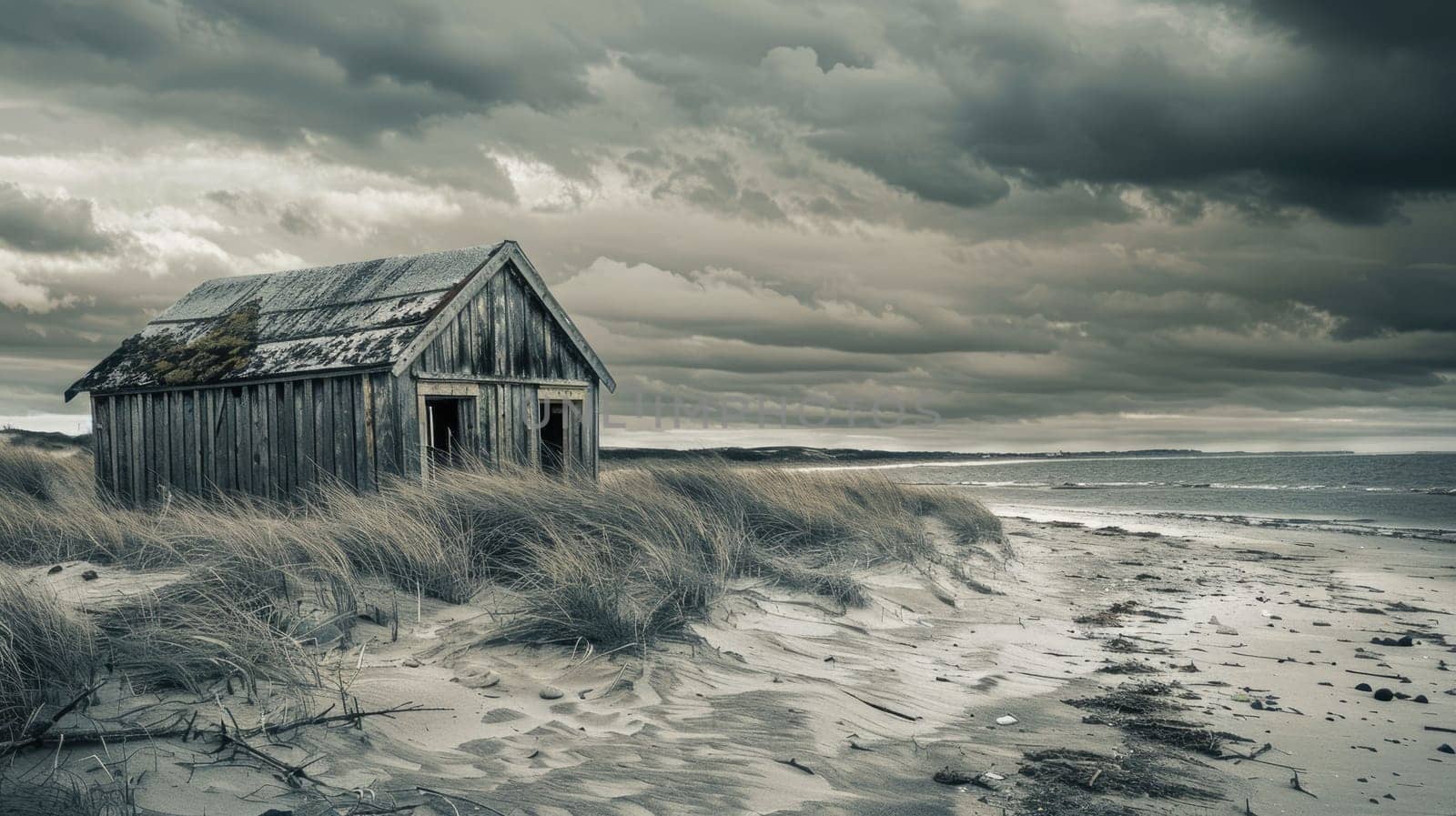 A small wooden house stands on a beach by the ocean under a cloudy sky, blending into the natural landscape with its rustic facade AIG50