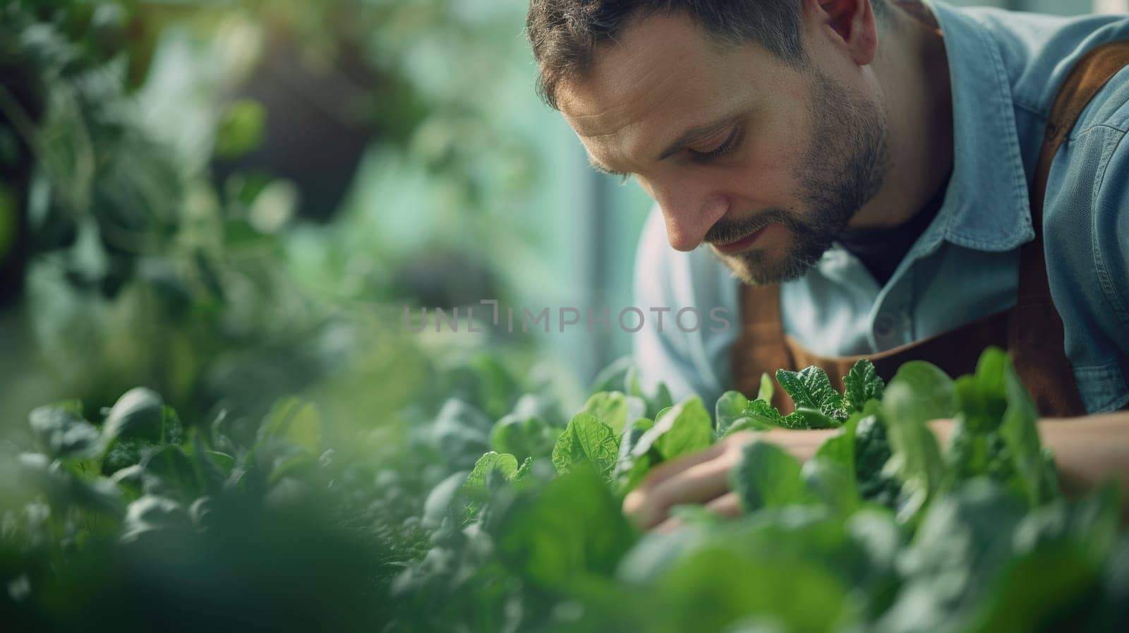 Close up of professional smart agricultural worker checking and inspecting plant. Attractive smart farmer taking care of agricultural product and harvest crop at green house. Farmer concept. AIG42.