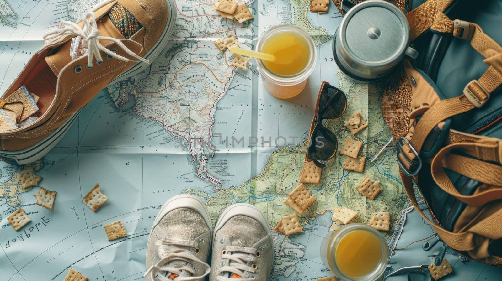 A traveler is laying on a map with a backpack and camera, capturing the worlds beauty. The scene combines art, travel, and leisure in a unique way AIG50
