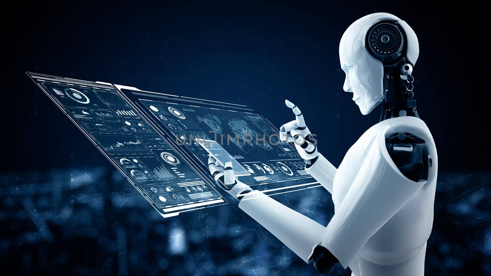 MLP 3d illustration Robot hominoid use mobile phone or tablet for big data analytic using AI thinking brain , artificial intelligence and machine learning process for the 4th fourth industrial revolution. 3D rendering.