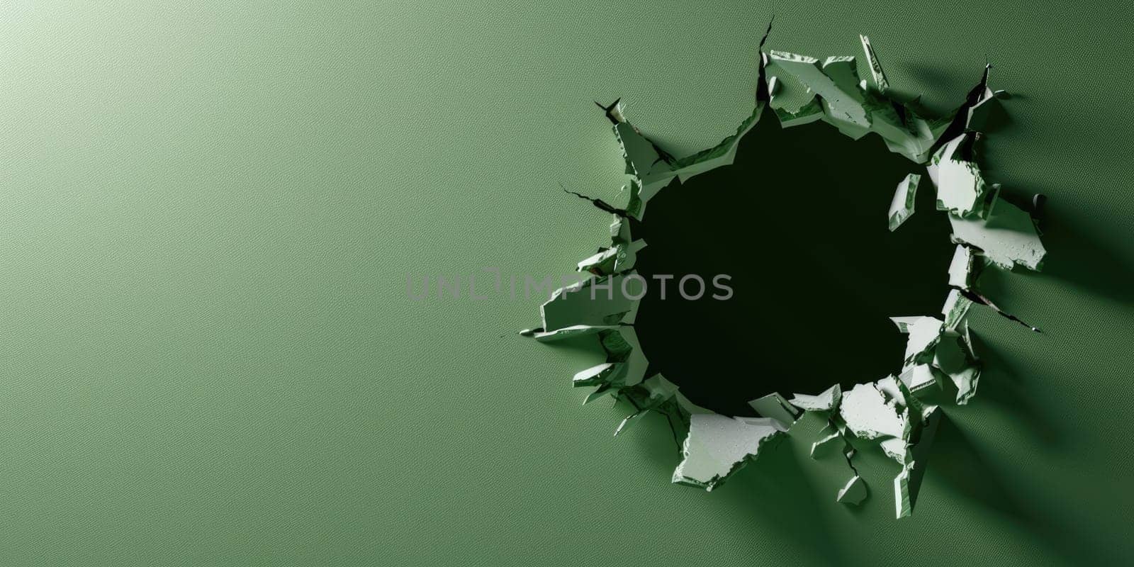 Close up view picture of the hollow green hole on the the wall that show the breaking part of the wall that has been made from strong material yet still can break to look through other side. AIGX03.