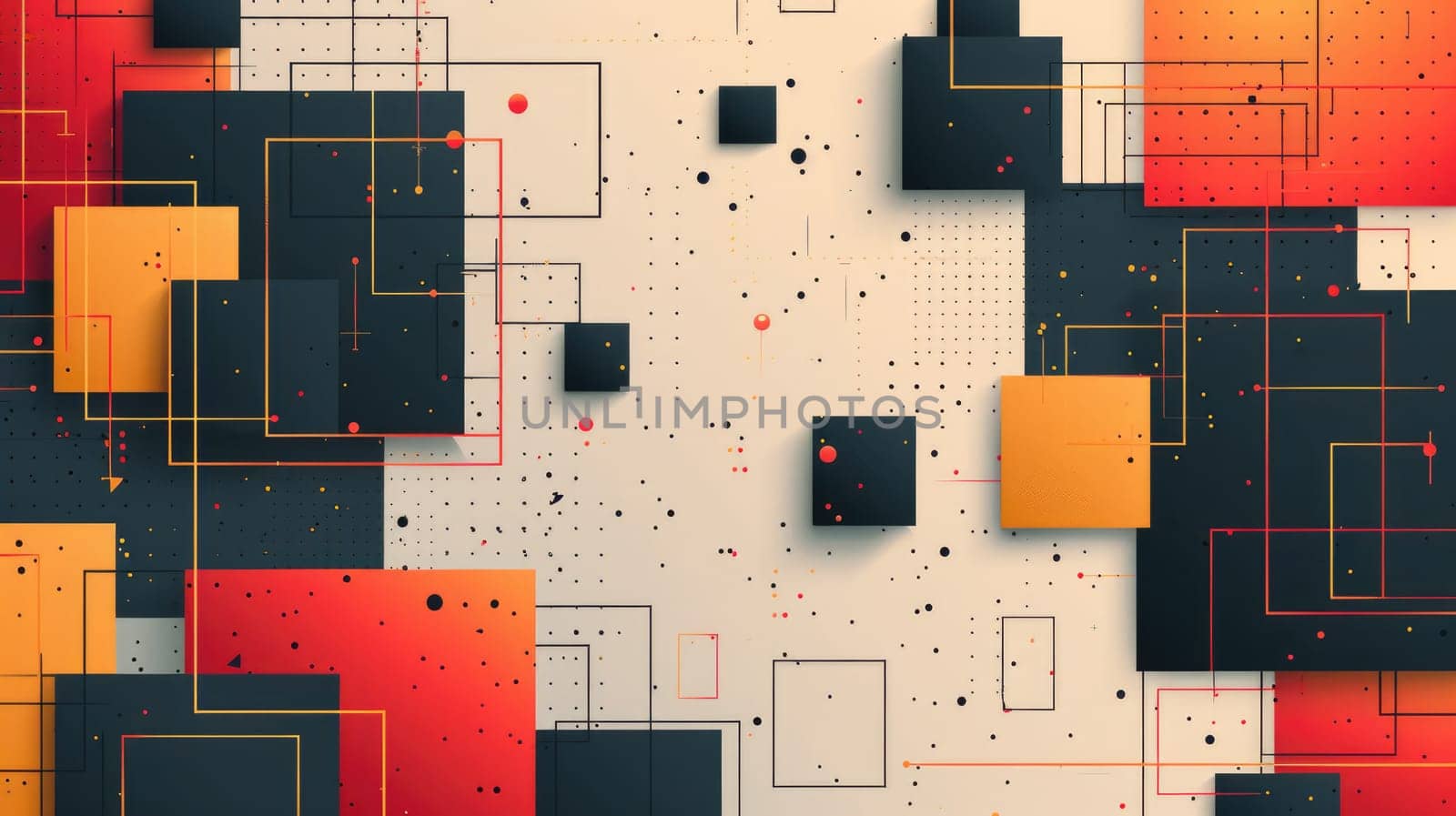 A background of overlapping squares and rectangles in various shades of red, orange, yellow, and black. AIG51A.