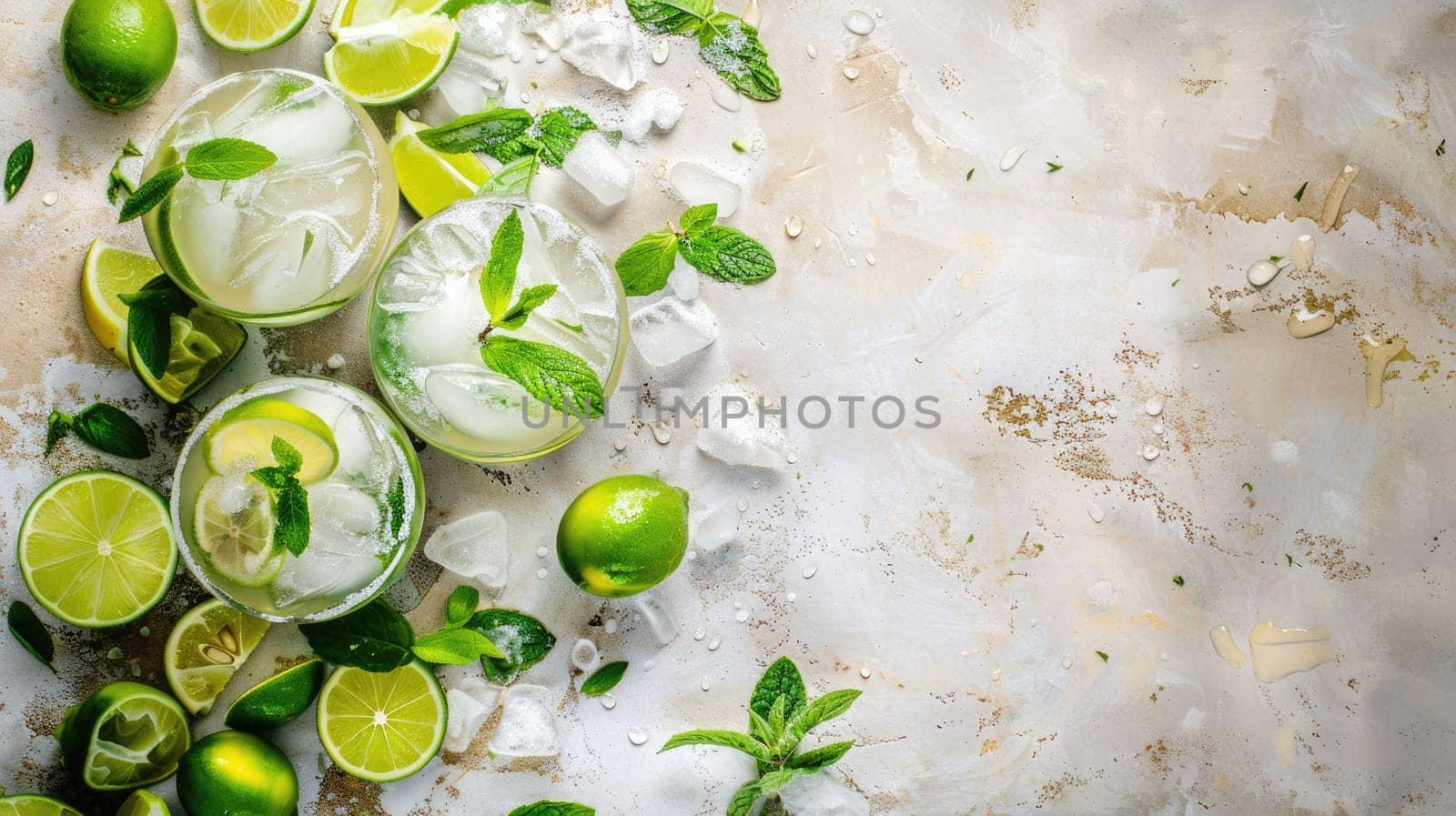 A refreshing beverage made of water, limes, and mint leaves in a glass on the table, perfect for a hot day AIG50