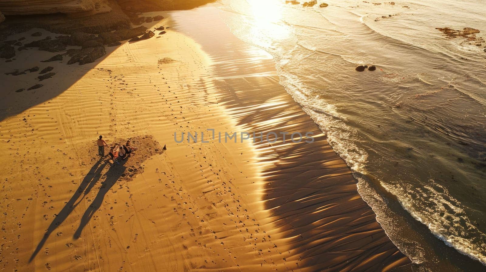 An aerial view of a group of people having a picnic on the beach, surrounded by vehicles, pollinators, insects, patterns in the landscape, woods, soil, terrestrial animals, wildlife, and beehives AIG50