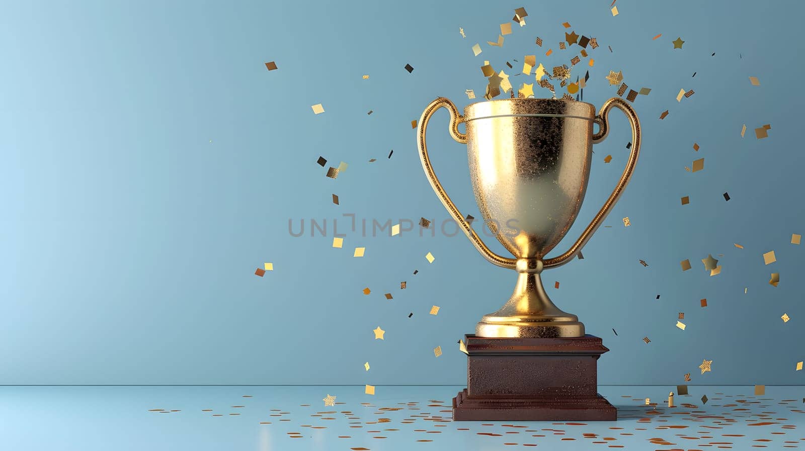 Gold trophy spilling confetti on blue background, adding festive flair by Nadtochiy