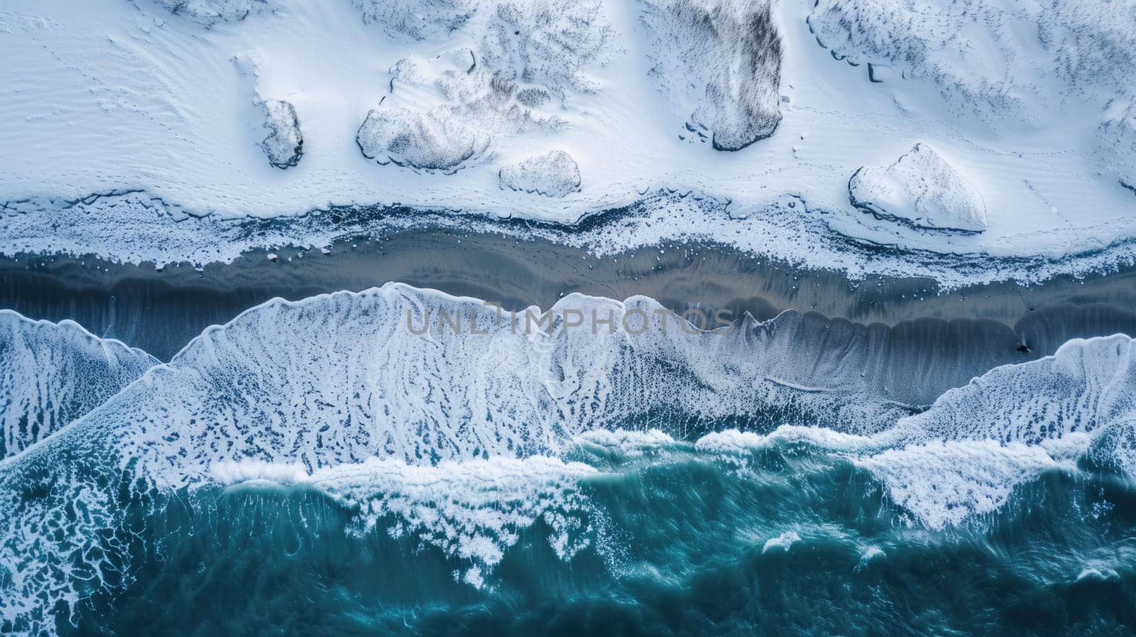 An aerial perspective of a frozen snowy cliff meeting the azure waters of the ocean, showcasing the beauty of this natural geological phenomenon AIG50
