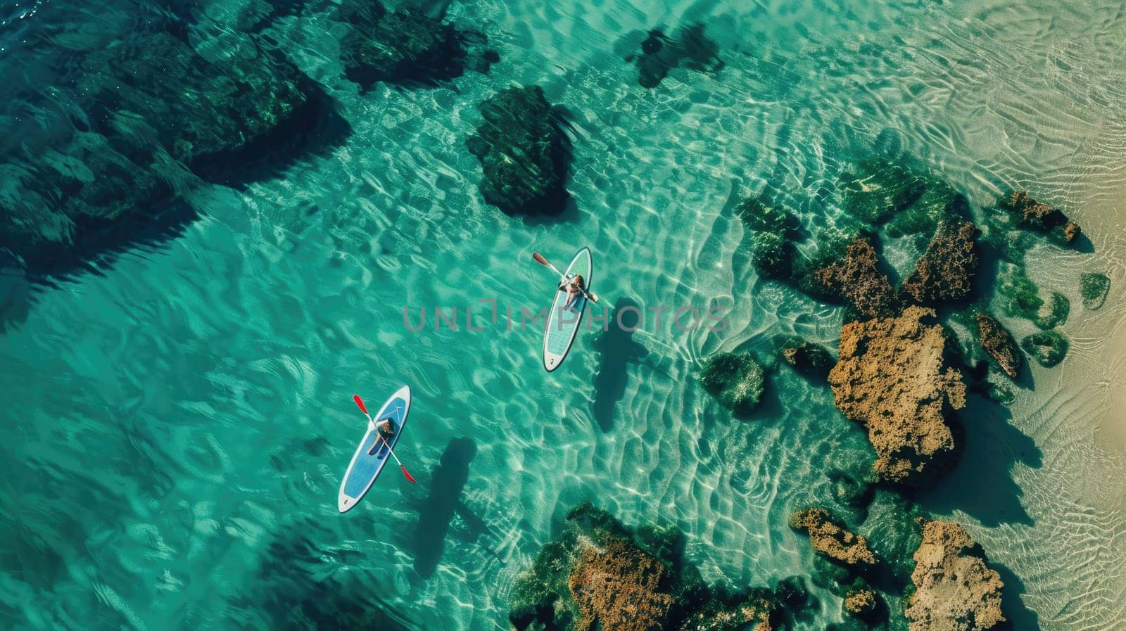 A mesmerizing aerial view of two kayakers gliding through the electric blue waters of the ocean, surrounded by marine life and underwater landscape AIG50