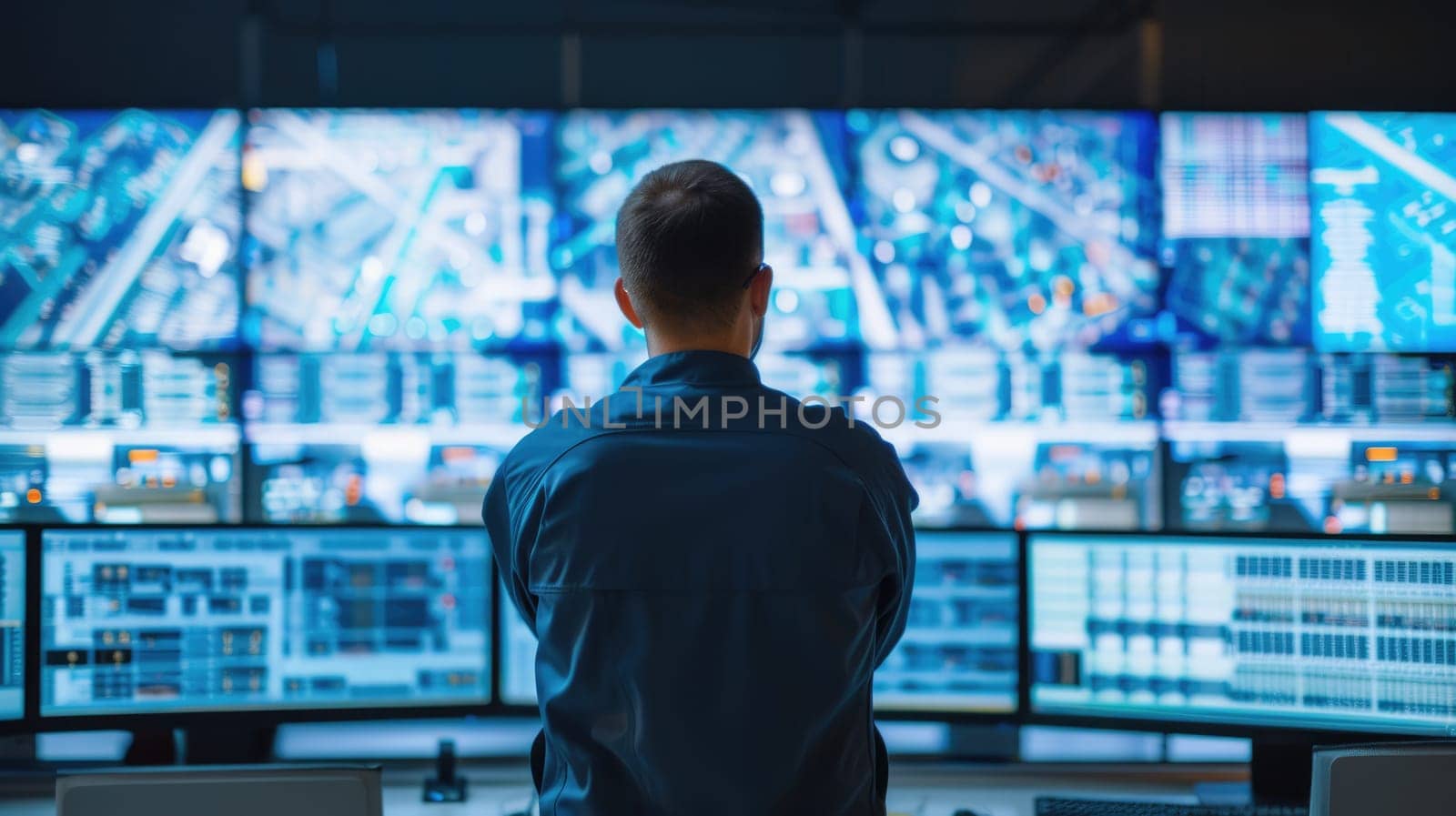 A man, wearing a hat and headphones, sits in front of a multimedia display device in a control room with an electric blue ambiance. AIG41