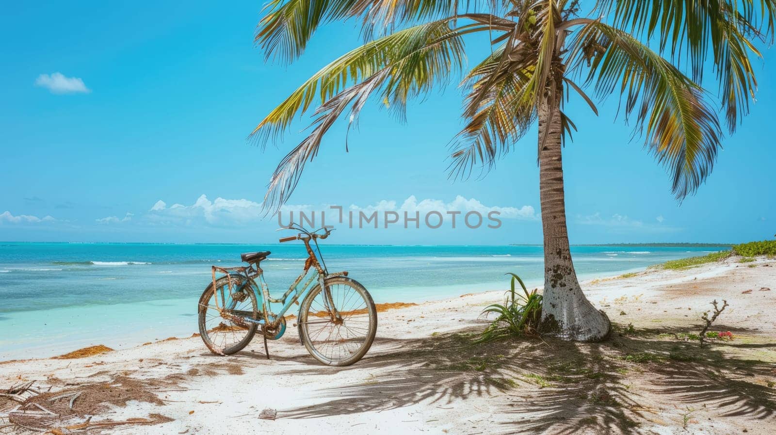 A bicycle with its tire against a palm tree on the beach, under a cloudy sky with water in the background, blending with nature AIG50