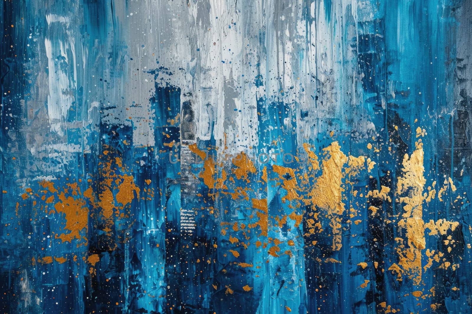 The abstract picture of the gold, blue and black colour that has been painted or splashed on the white blank background wallpaper to form random shape that cannot be describe yet beautiful. AIGX01.