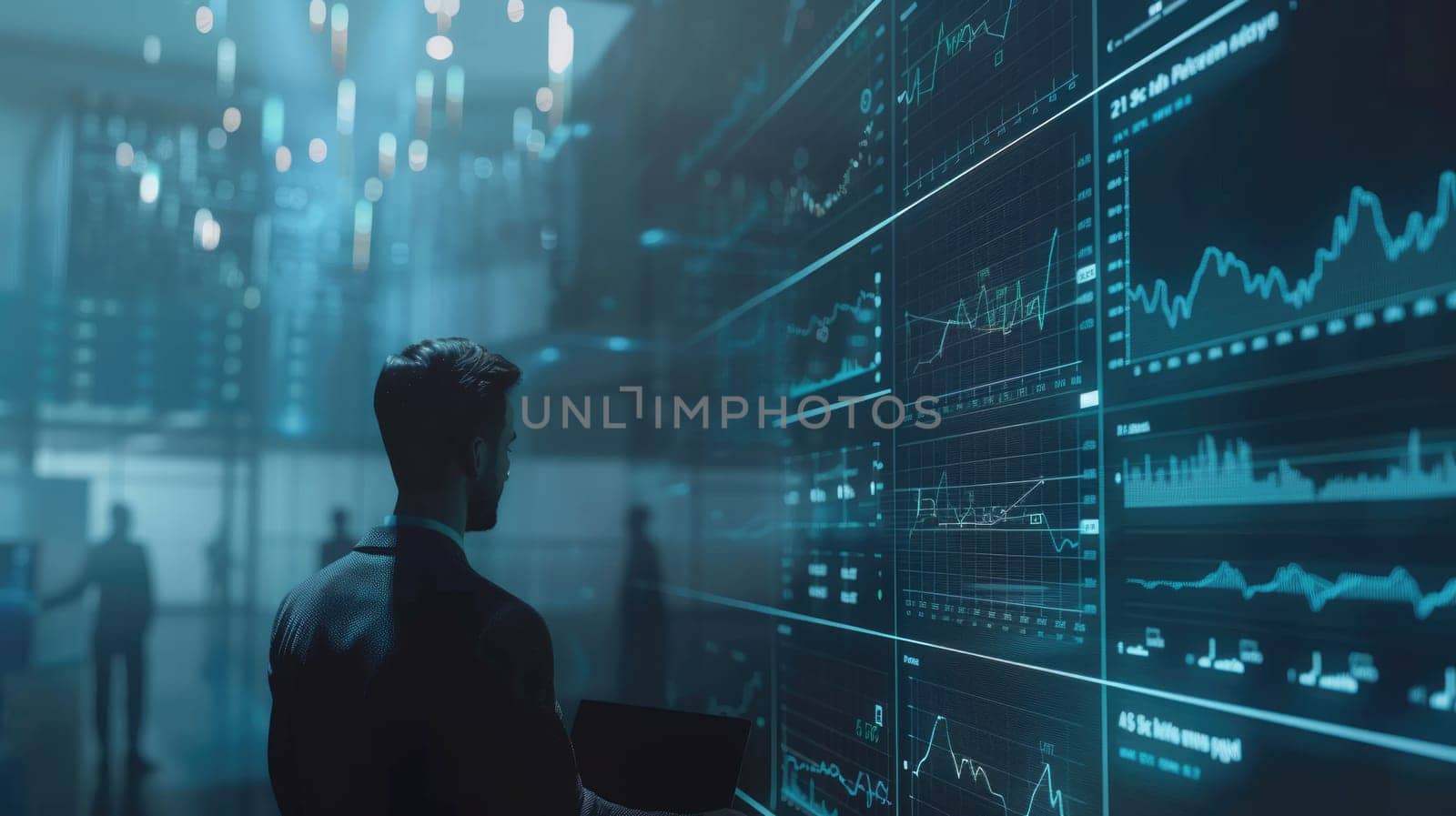 Back view of smart analyst looking at monitor display stock market statistic chart or financial graph. Professional businessman making decision for investment while planning marketing strategy. AIG42.
