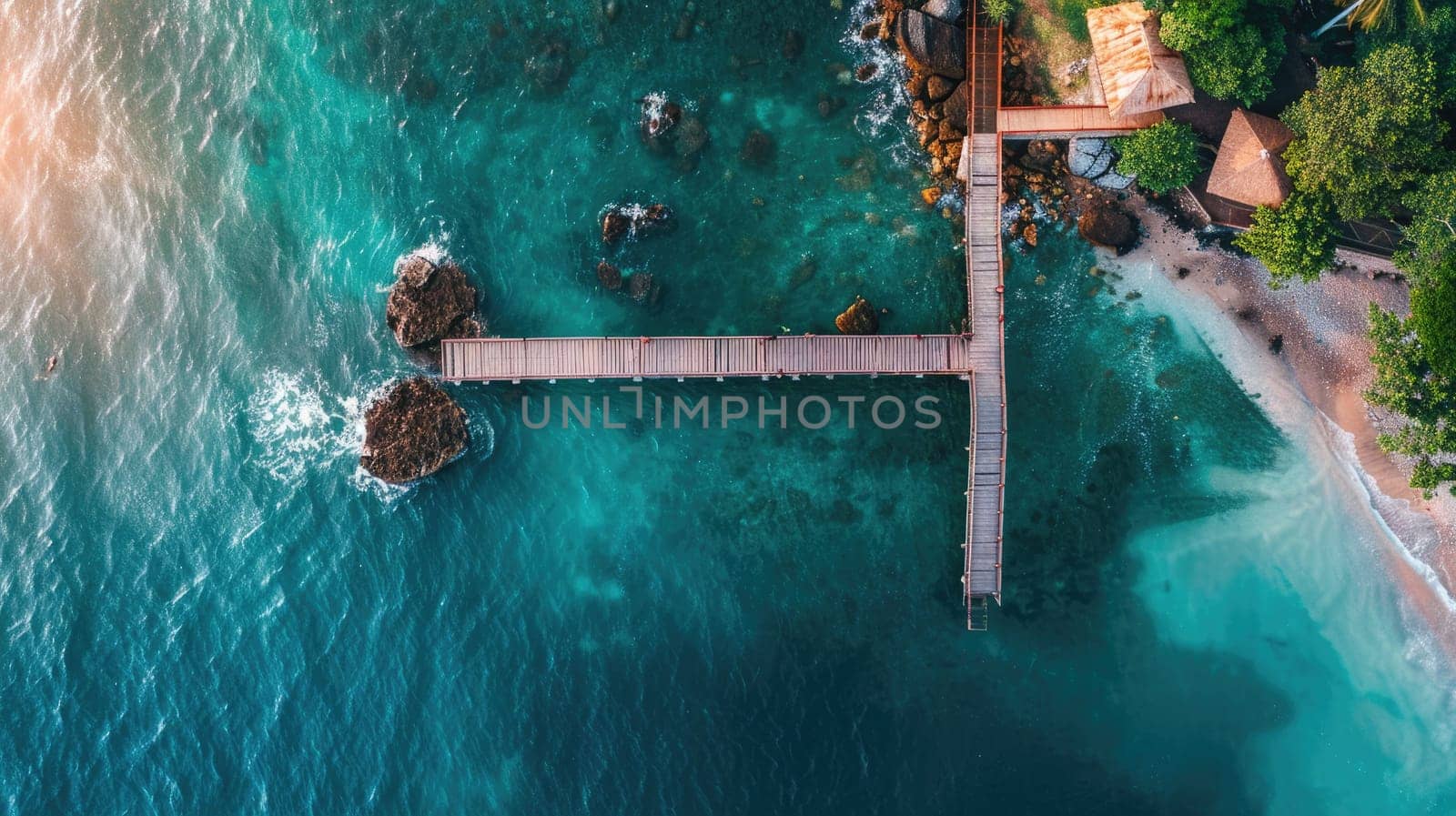 An aerial view of a tropical island showcasing a dock extending into the aqua water leading to a beautiful beach surrounded by lush green trees and natural landscape AIG50