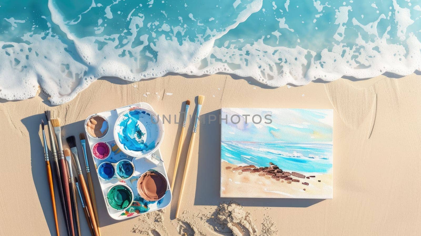 An art painting of a serene beach scene is placed on a wooden table. Brushes and paint are scattered nearby. The painting captures the beautiful sky and water AIG50
