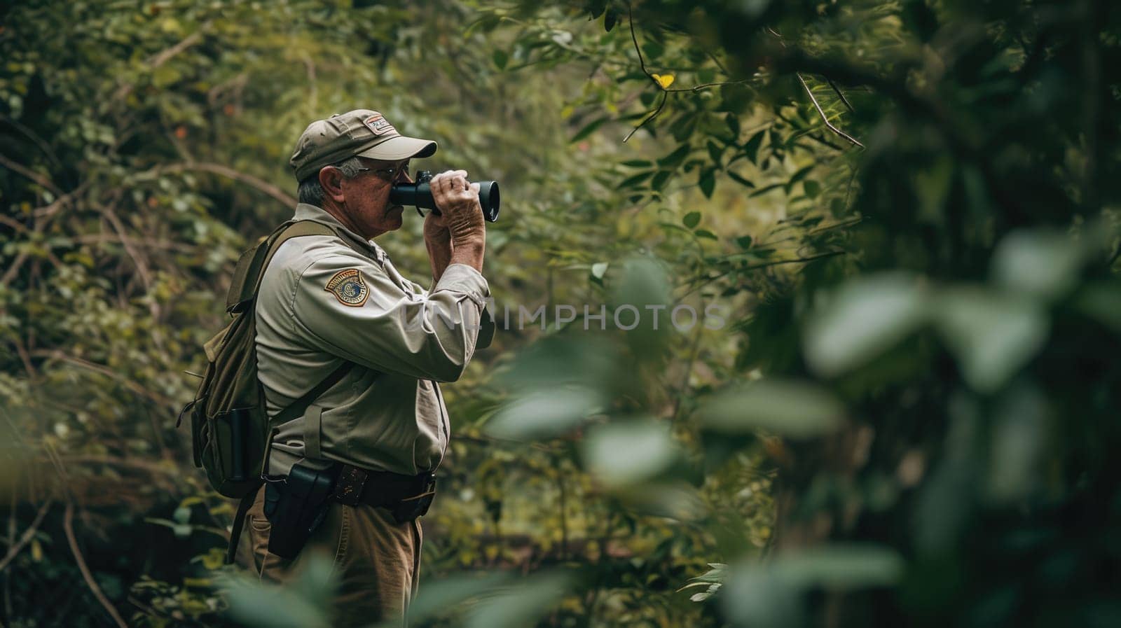 Professional explorer looking around and holding binocular at dark forest. Attractive adventurer walking and looking surrounded with towering tree and planning to protect green environment. AIG42.