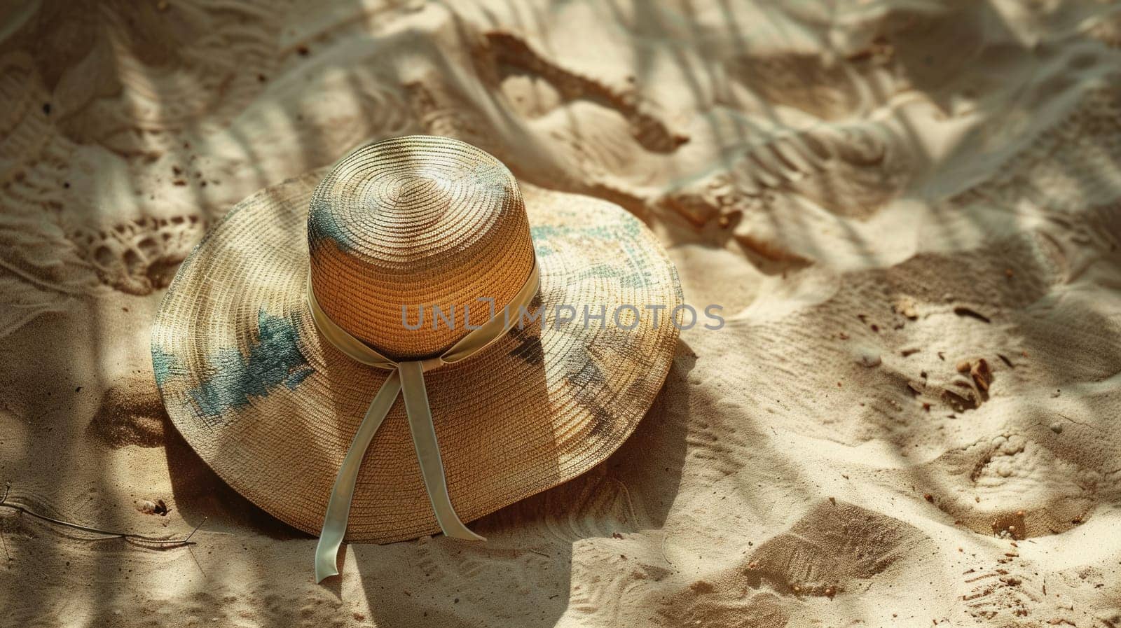 A straw hat rests on a sandy beach, blending in with the natural landscape composed of soil, wood, and aeolian landforms. Terrestrial animals and wildlife may be seen in this macro photography scene AIG50