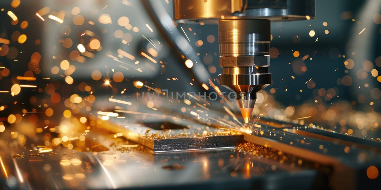 Close up of professional worker hands holding industrail drill with sparkling from machine. Civil engineer cutting metal or using machine tool griding. Machine factory or industry concept. AIG42.