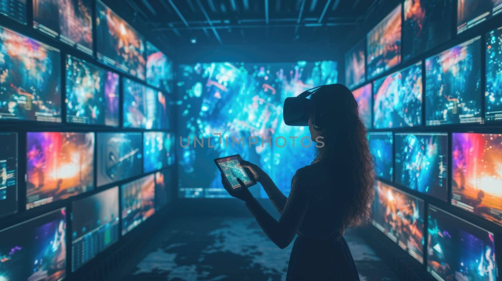 Creative art designer or digital designer wearing VR headset while designing artwork. Smart artist standing in front of digital monitor with casual cloth and working on visual reality goggle. AIG42.